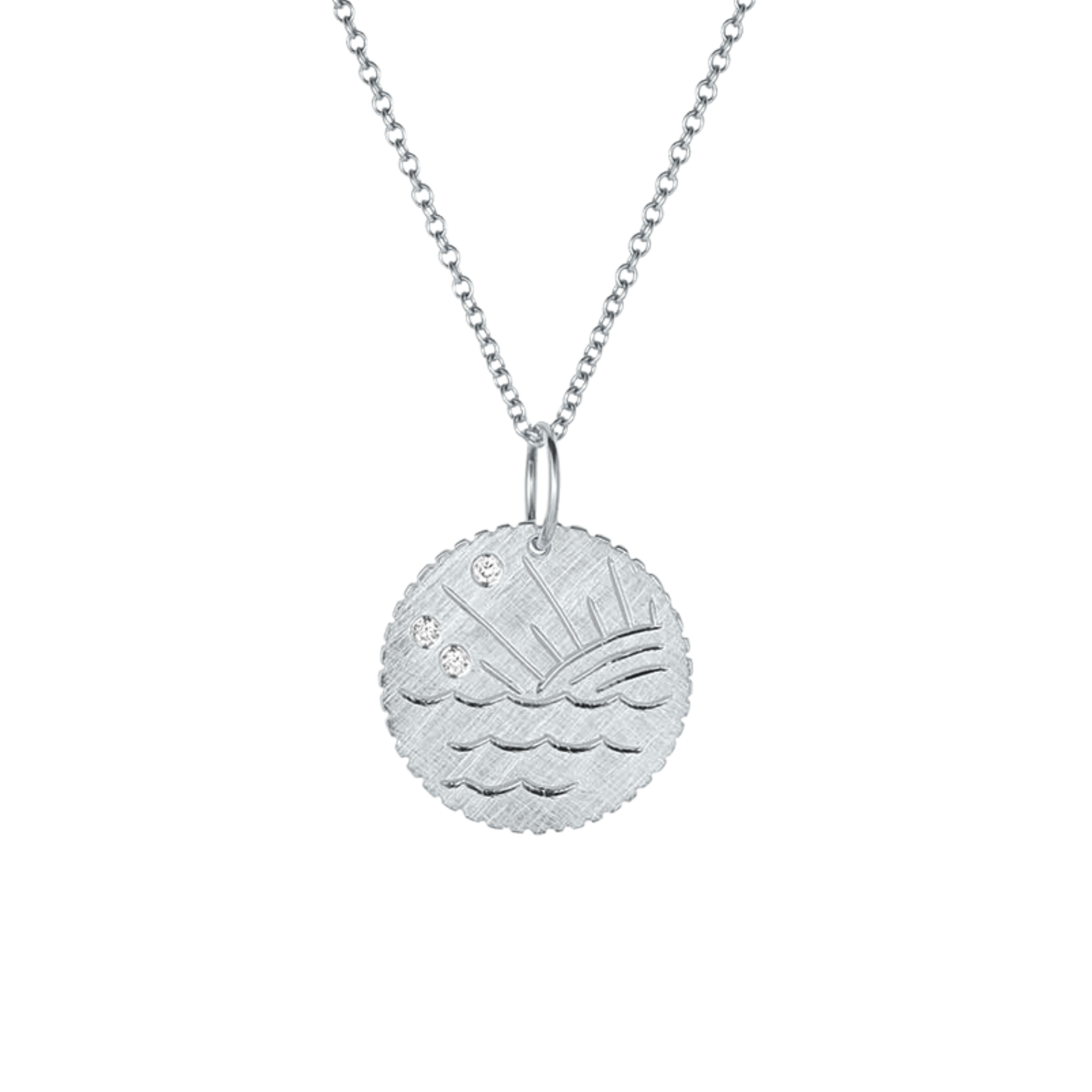 14k white gold round diamond disk pendant necklace featuring hand engraved ocean waves and sun ray design scattered white diamonds in the sky and notched detail around edge on white background