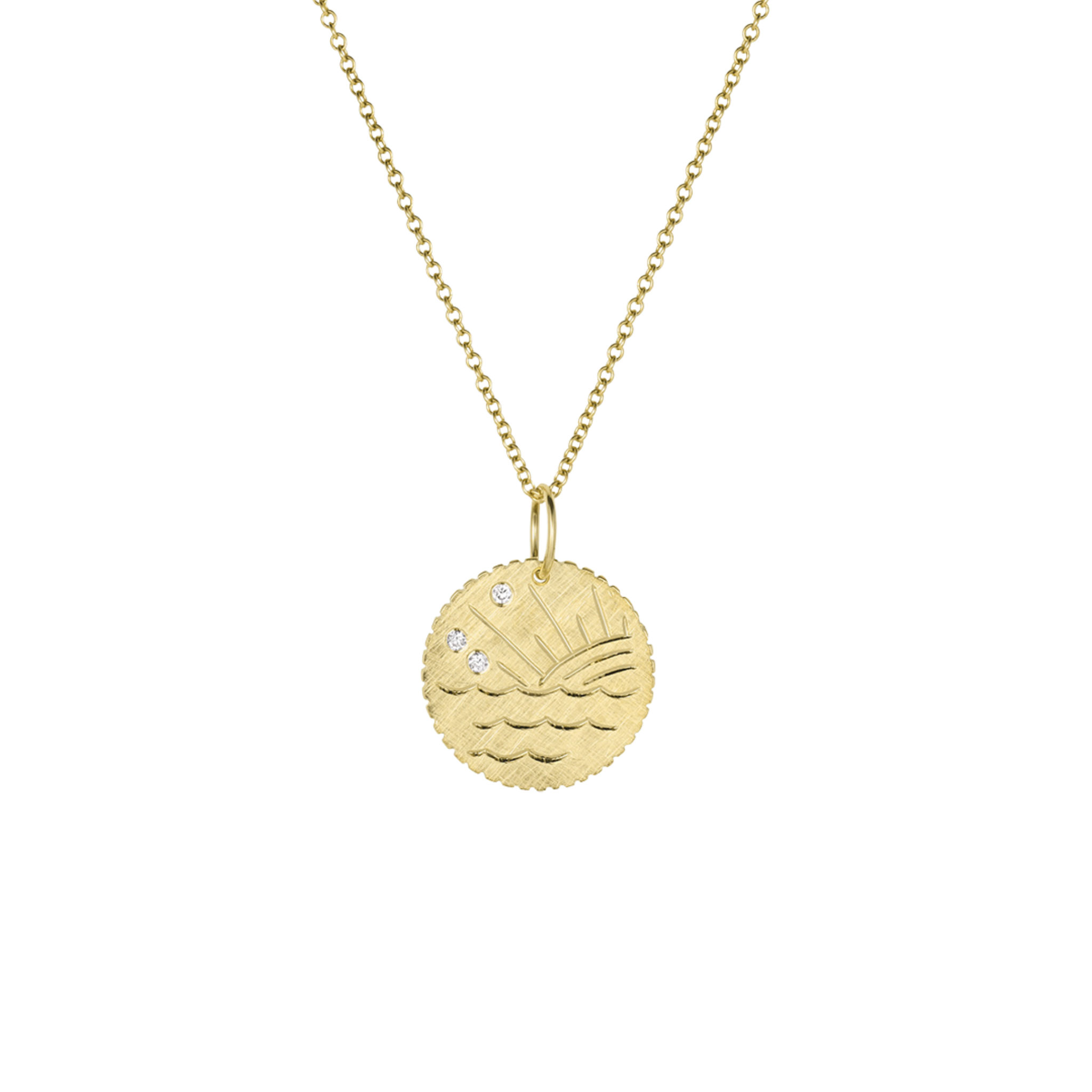 14k yellow gold round diamond disk pendant necklace featuring hand engraved ocean waves and sun ray design scattered white diamonds in the sky and notched detail around edge shown hanging from round link gold chain on white background