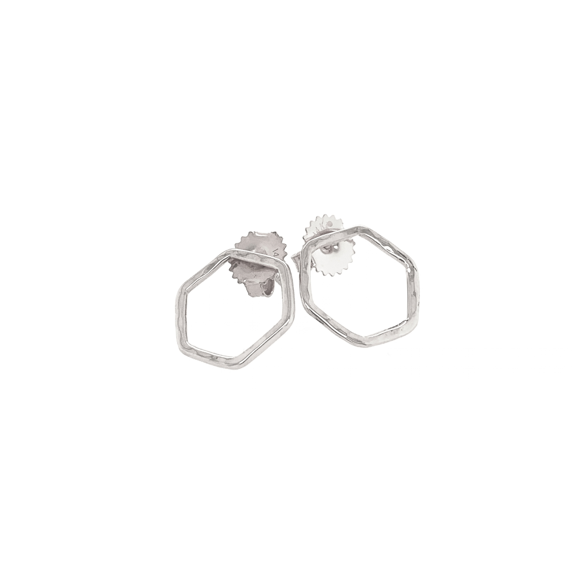 14k white gold open hexagon stud earrings on white background