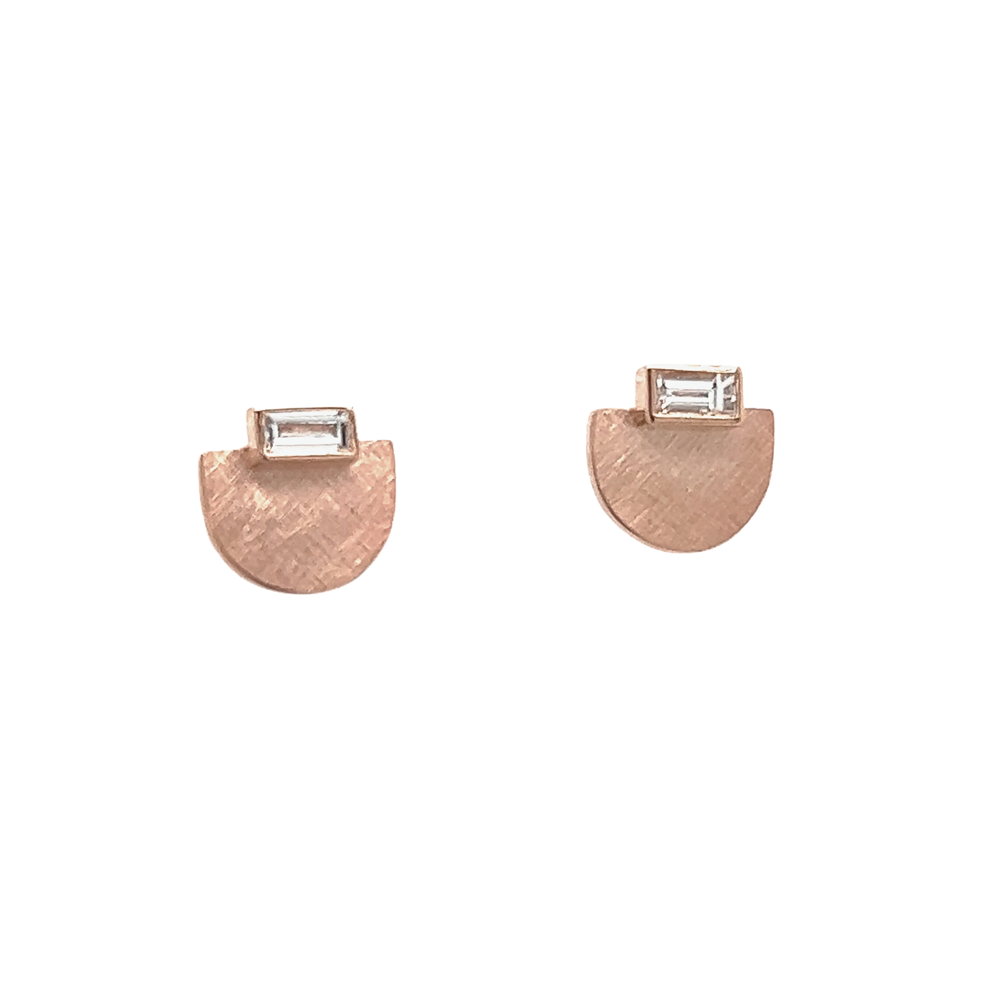 14k rose gold half dome stud earrings with white baguette diamonds on white background