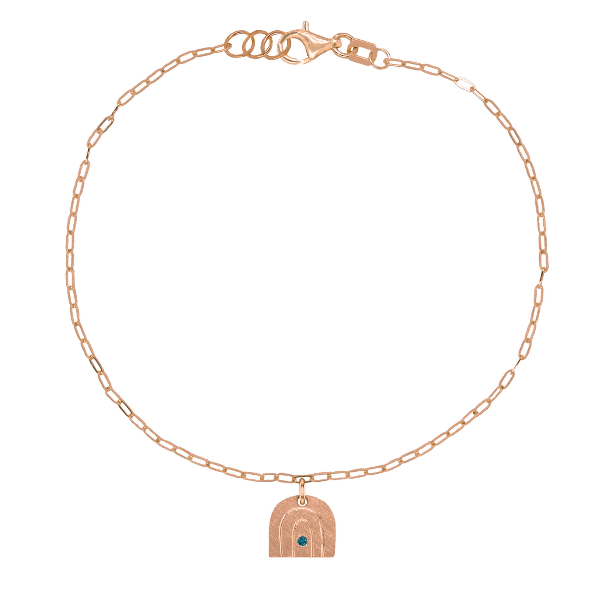 14k rose gold teeny tiny teal diamond rainbow charm bracelet with paperclip link chain on white background
