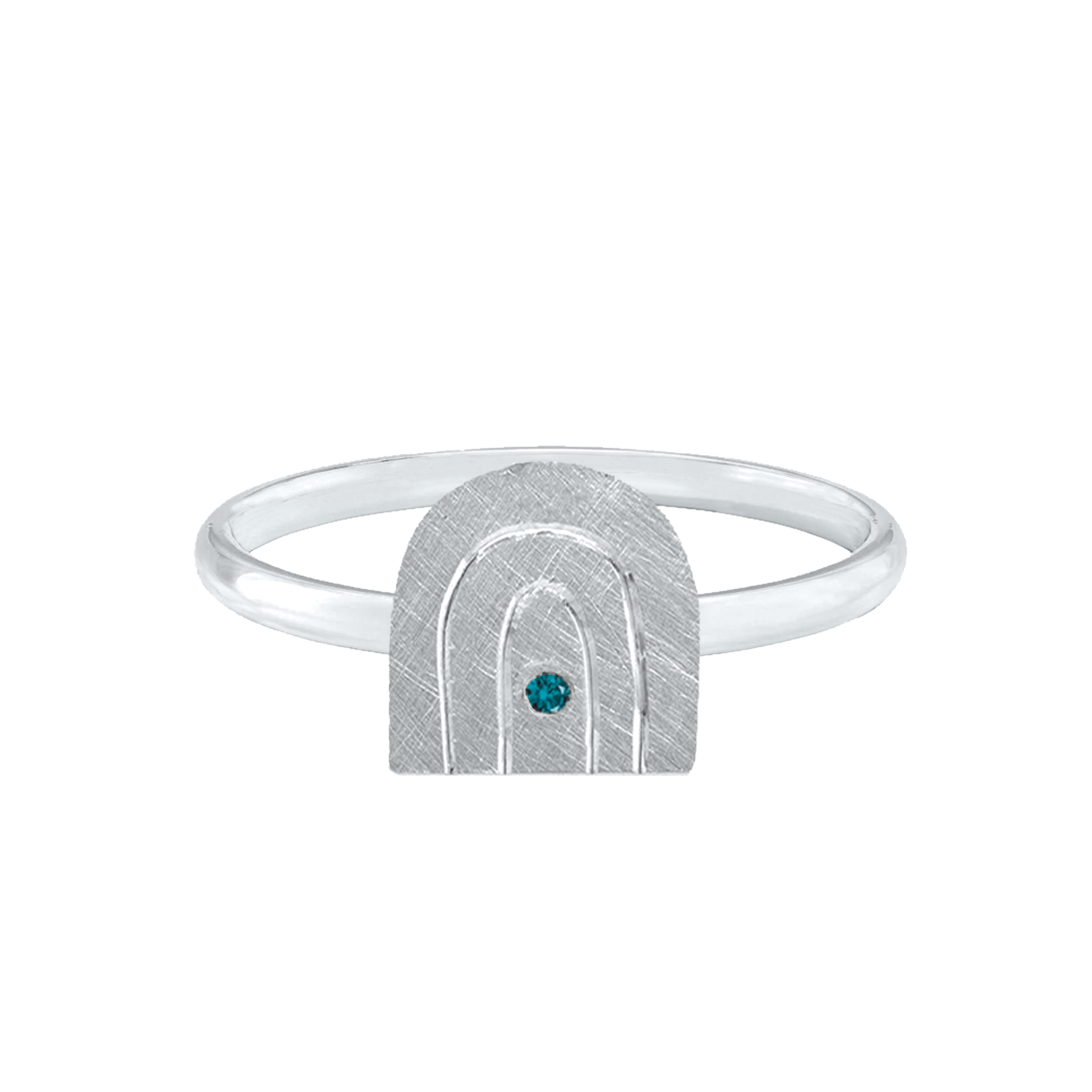 14k white Gold Rainbow Arch Teeny Tiny Ring with Teal Diamond on White Background