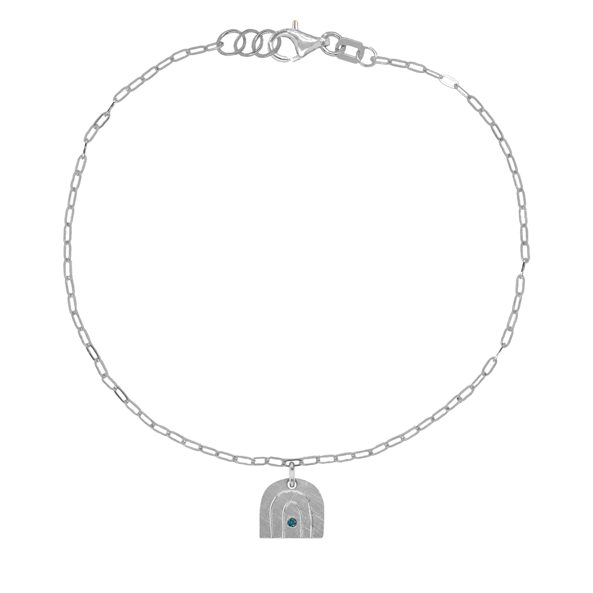 14k white gold teeny tiny teal diamond rainbow charm bracelet with paperclip link chain on white background