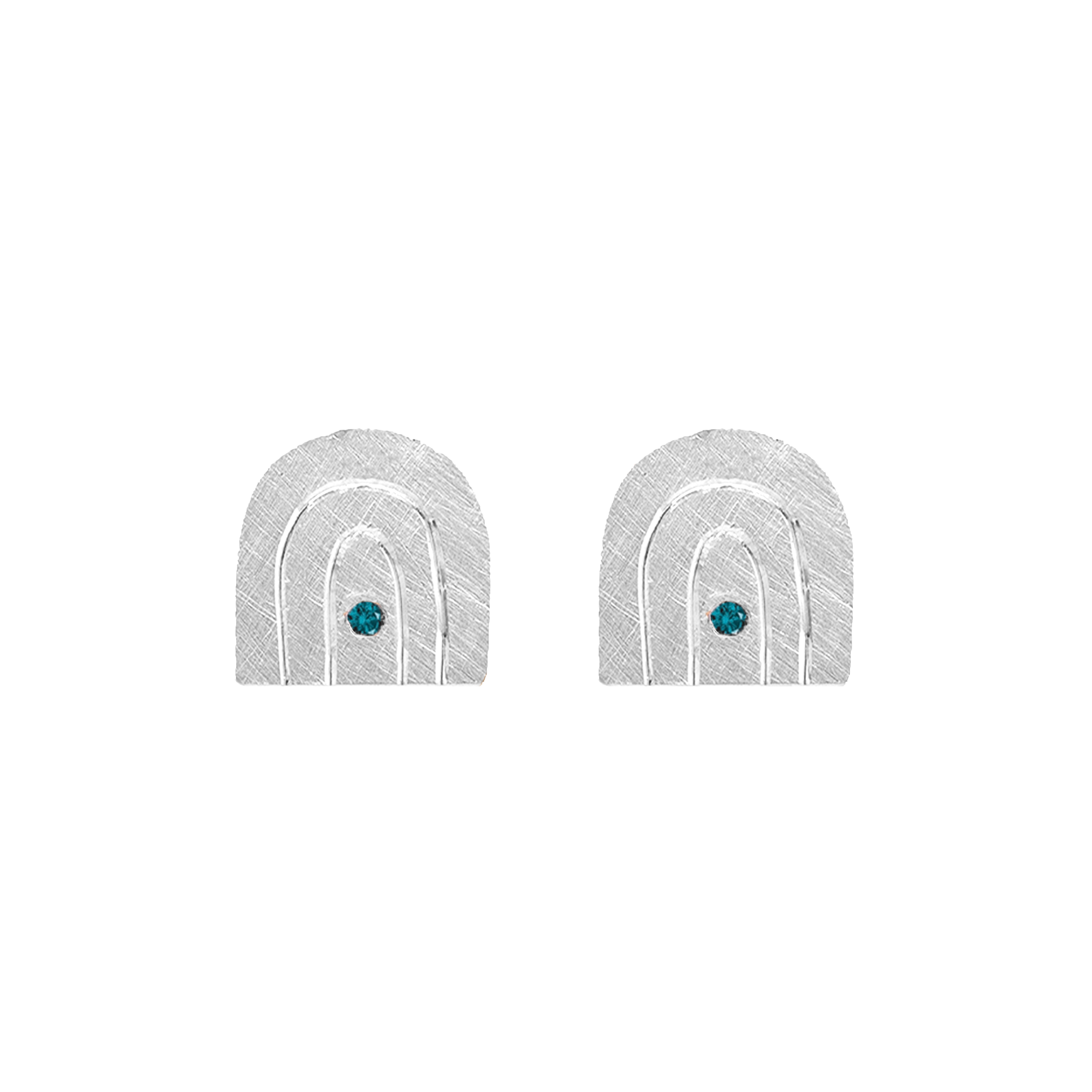 14k white gold teeny tiny rainbow earrings with teal diamond on white background