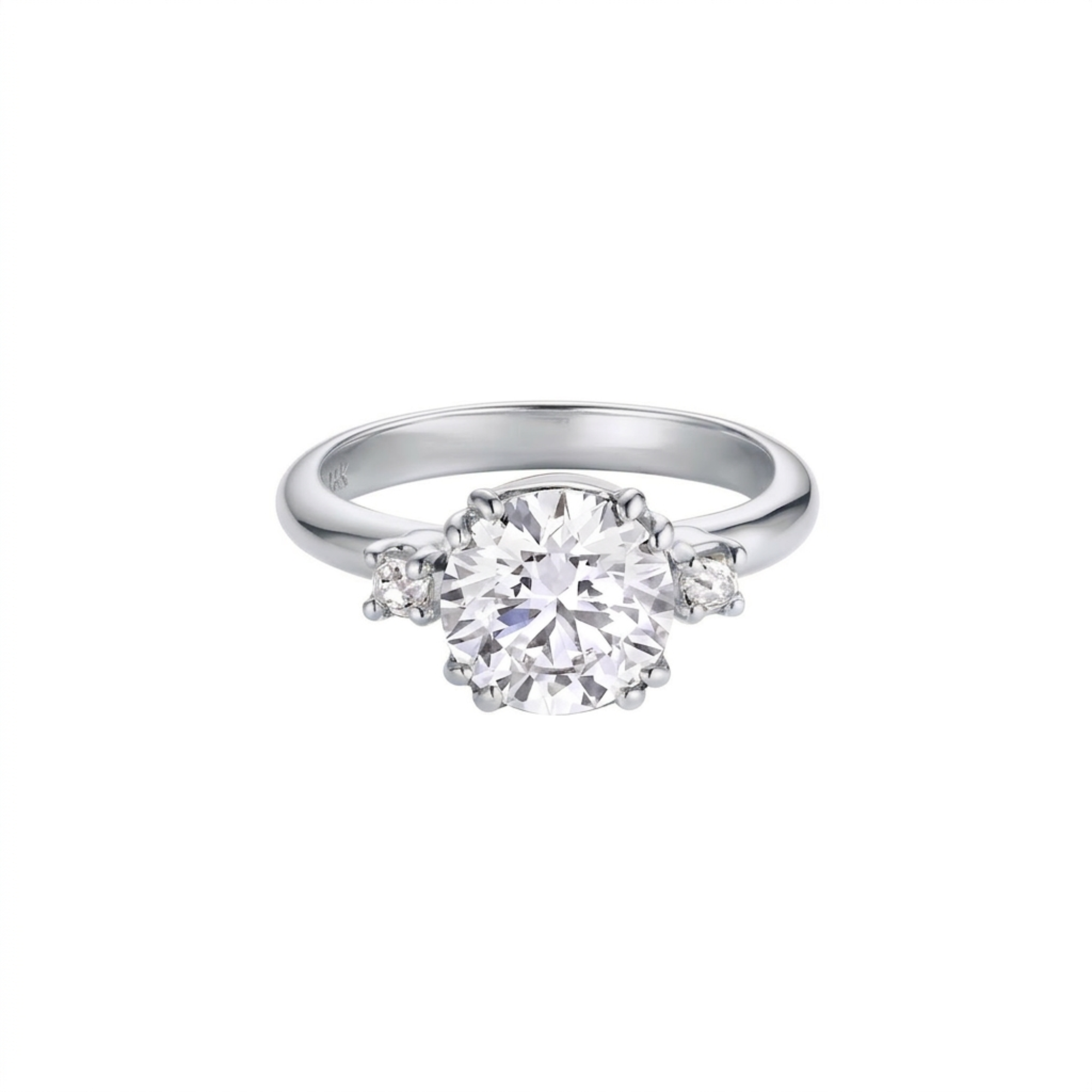 Lab created white diamond round brilliant double prong set three stone engagement ring in 14k white gold on a white background