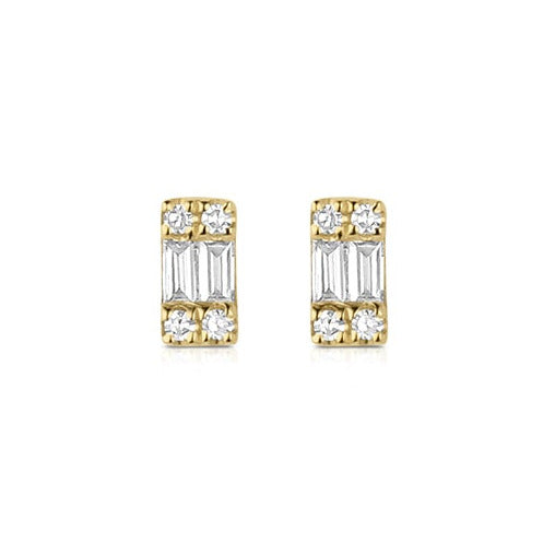 14k yellow gold rectangular baguette and round white diamond stud post earrings on white background