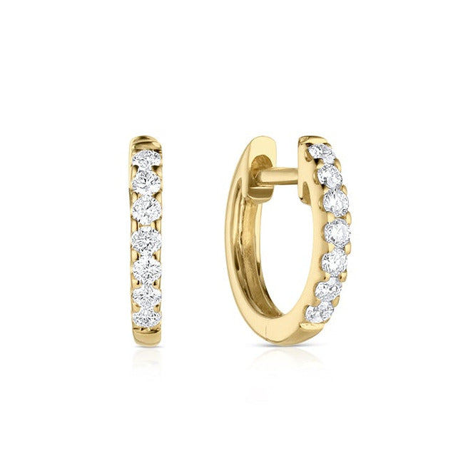 14k gold hinged hoop earrings with embedded diamondss on a white background