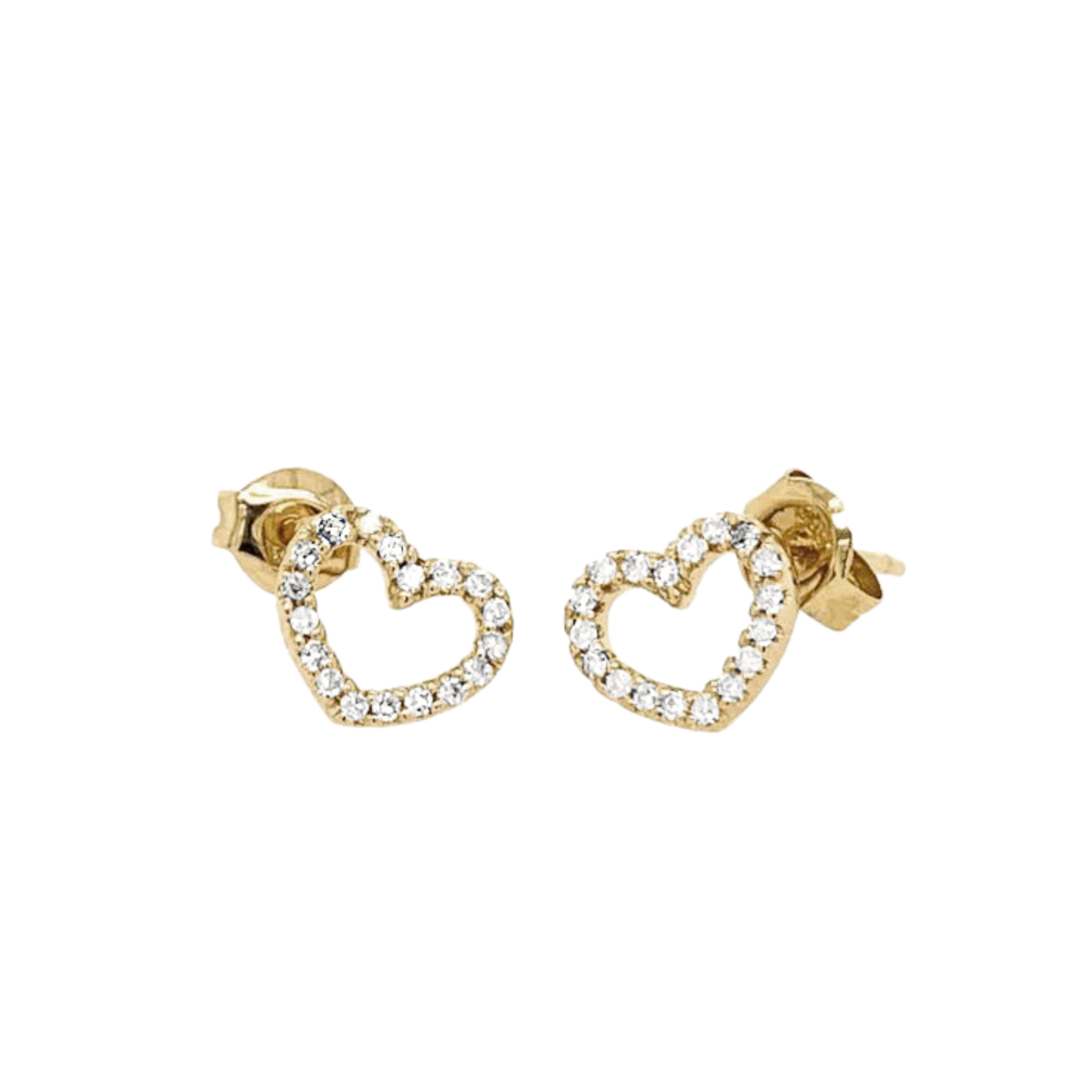 14k yellow gold open heart earring studs with pave set white diamonds on white background