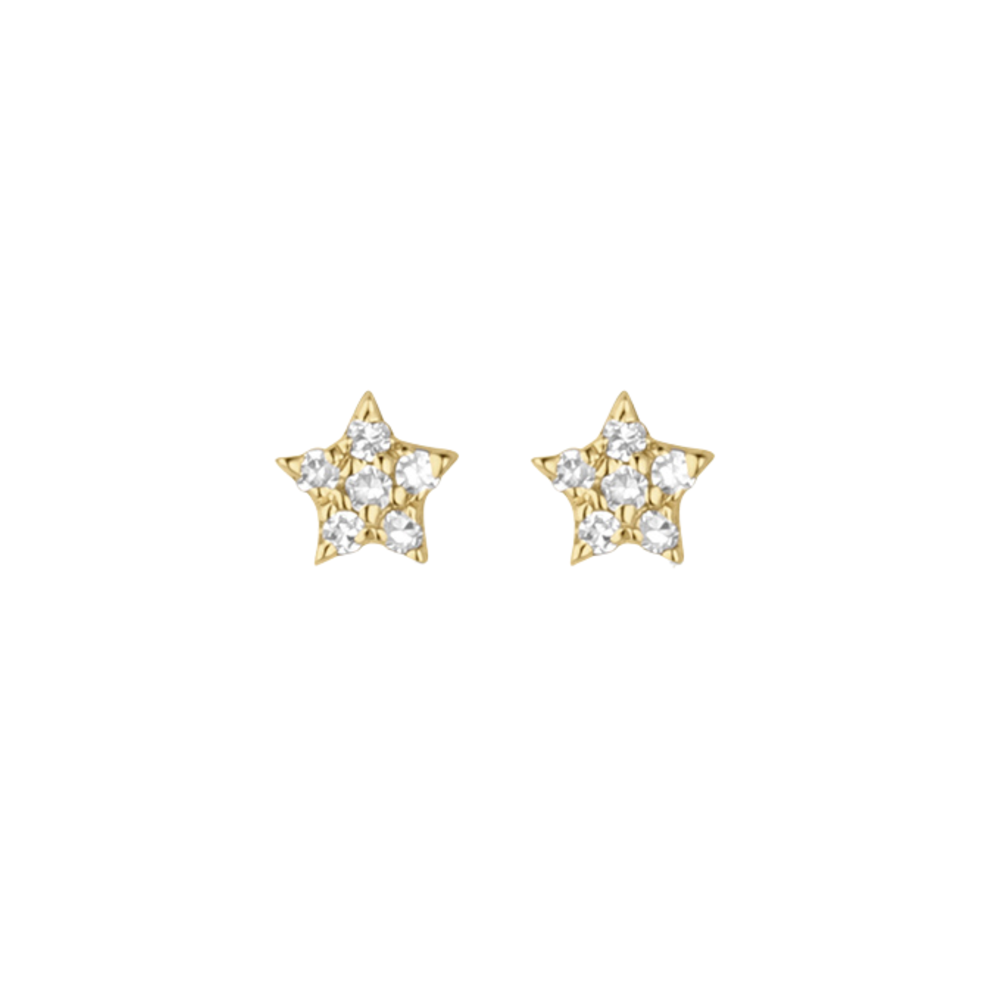14k gold star-shaped post earrings with white diamonds on a white background