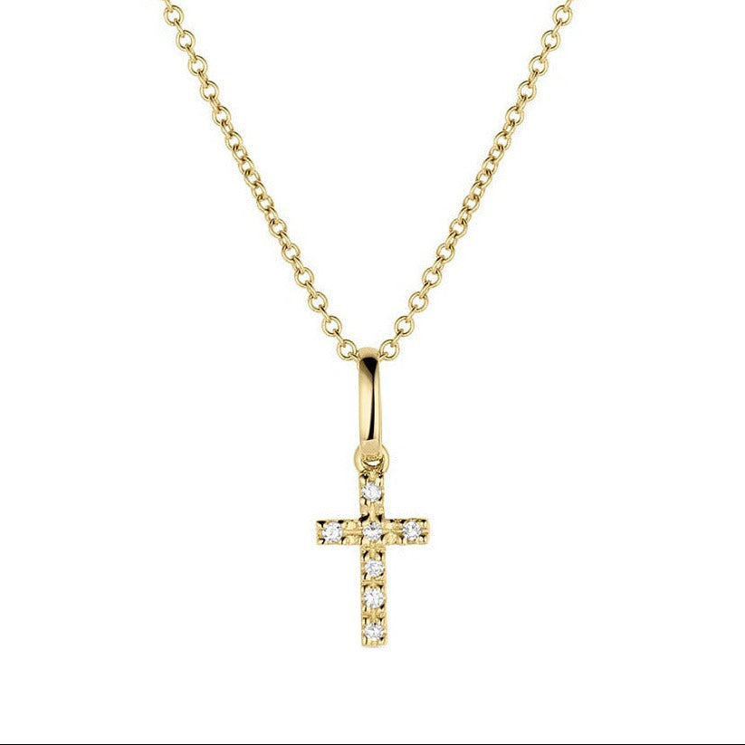 14k yellow gold pave diamond cross pendant necklace on white background