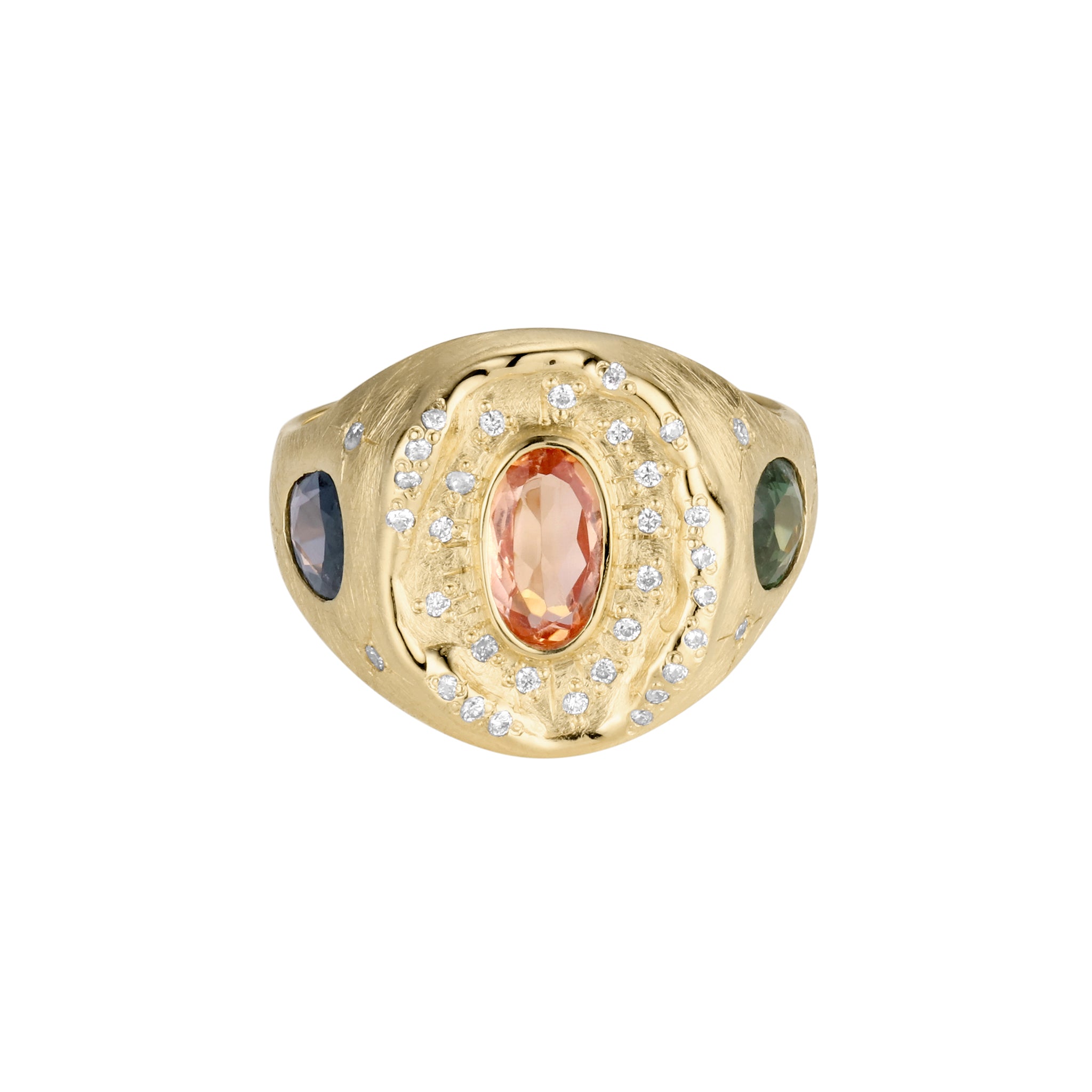 Gold ring with a central peach-colored gemstone and smaller blue and green stones on a white background