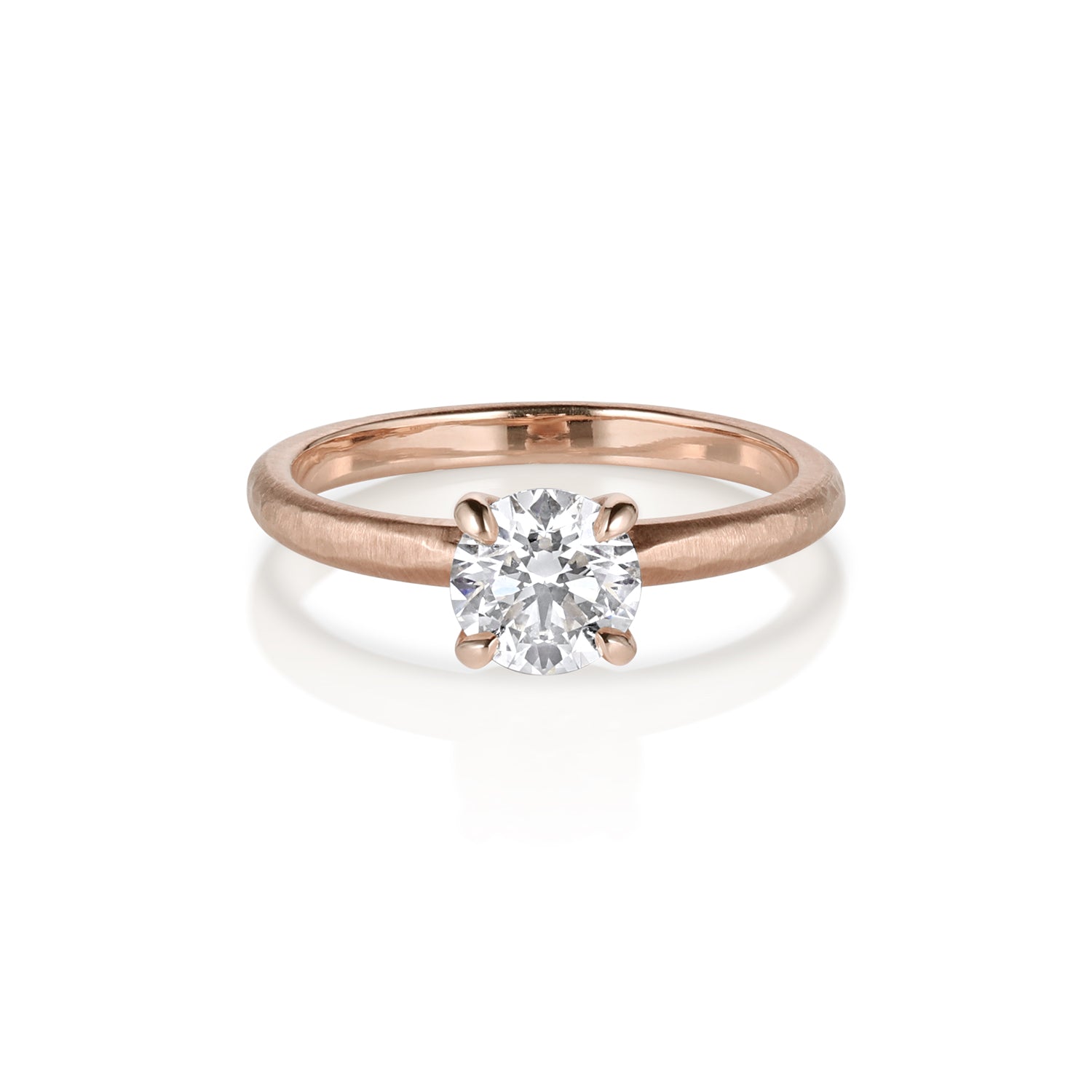 Single stone solitaire 14k rose gold ring with a white diamond satin finish metal shown on a white background.