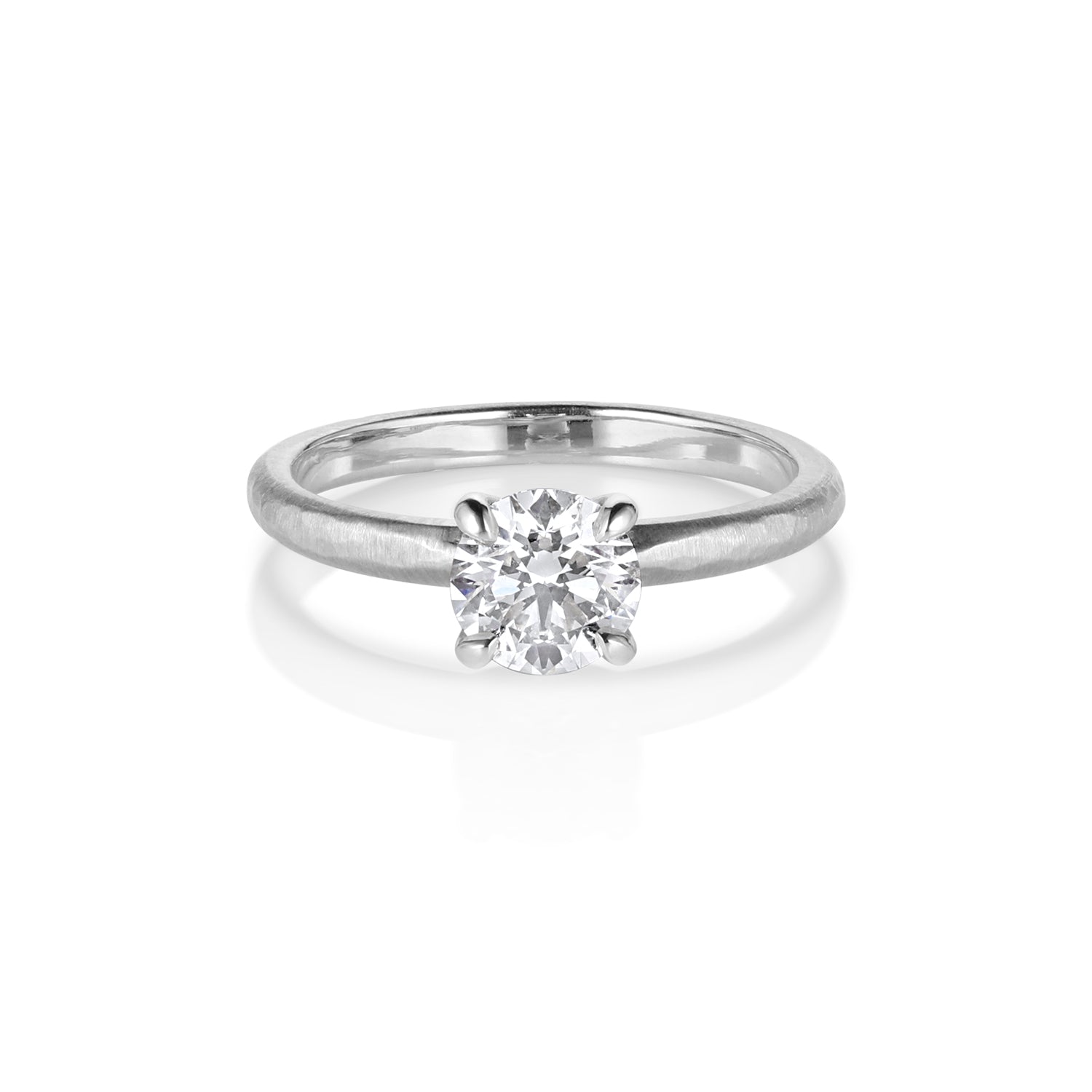 Single stone solitaire 14k white gold ring with a white diamond satin finish metal shown on a white background.