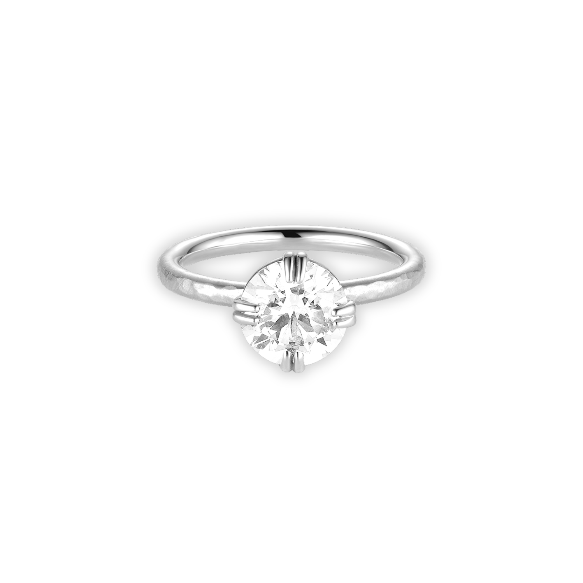 A 14k gold solitaire engagement ring with a bezel prong setting featuring an old Euro cut white diamond on a thin band with a satin finish.
