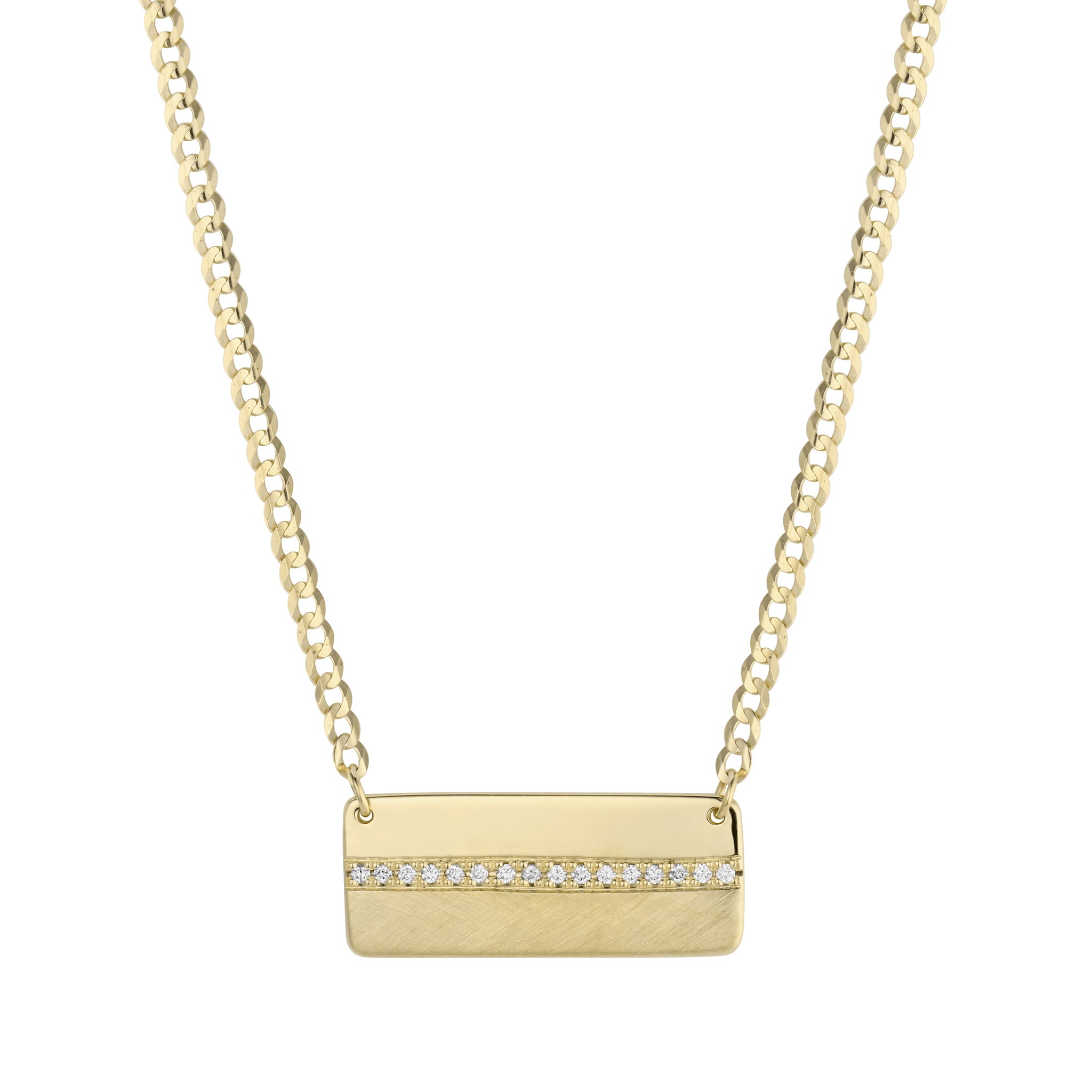 14k yellow gold Malu horizontal bar necklace with pavé white diamonds on Cuban chain