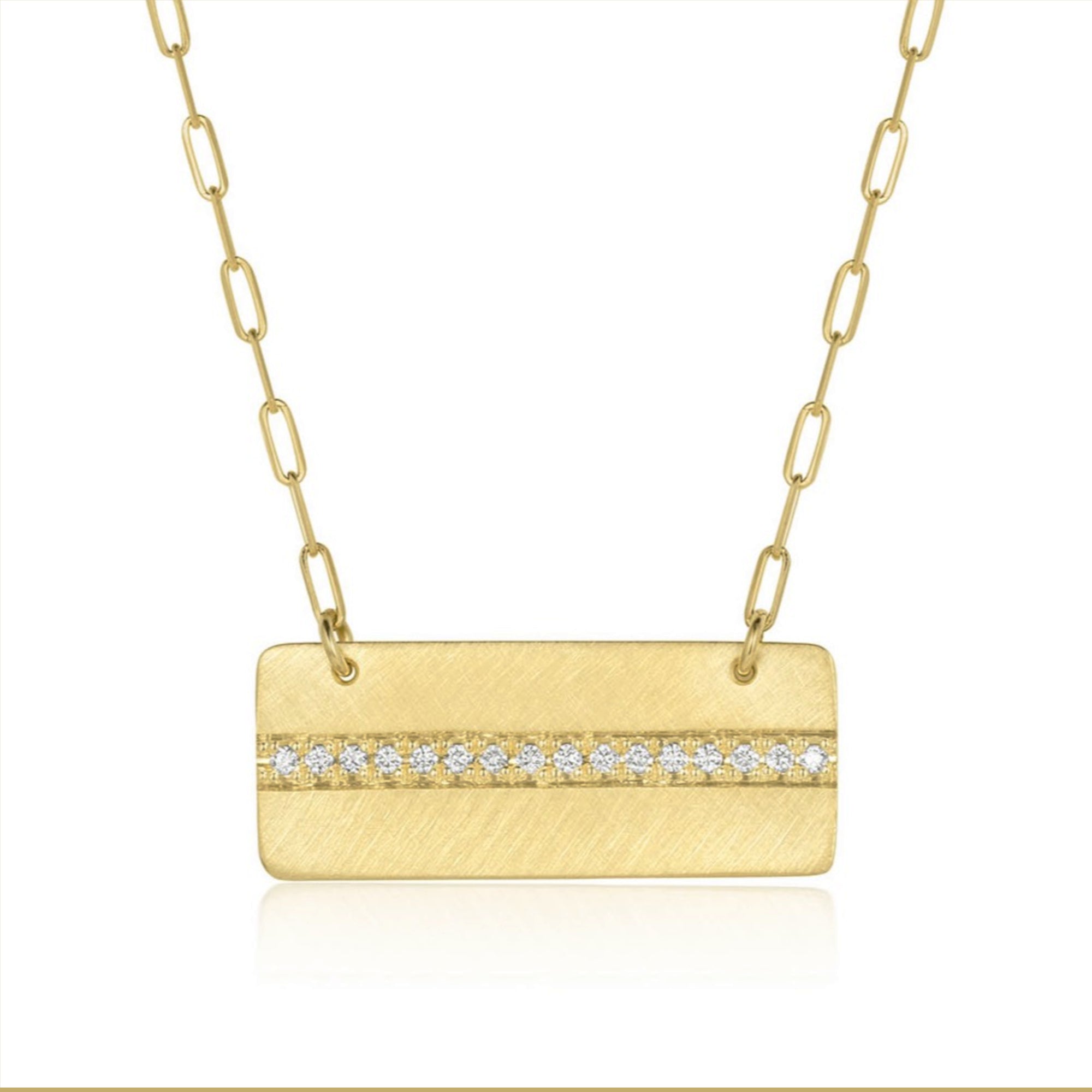 14k Gold bar necklace with a rectangular pendant featuring line of diamonds attached to elongated link chain. Shown on a white background.