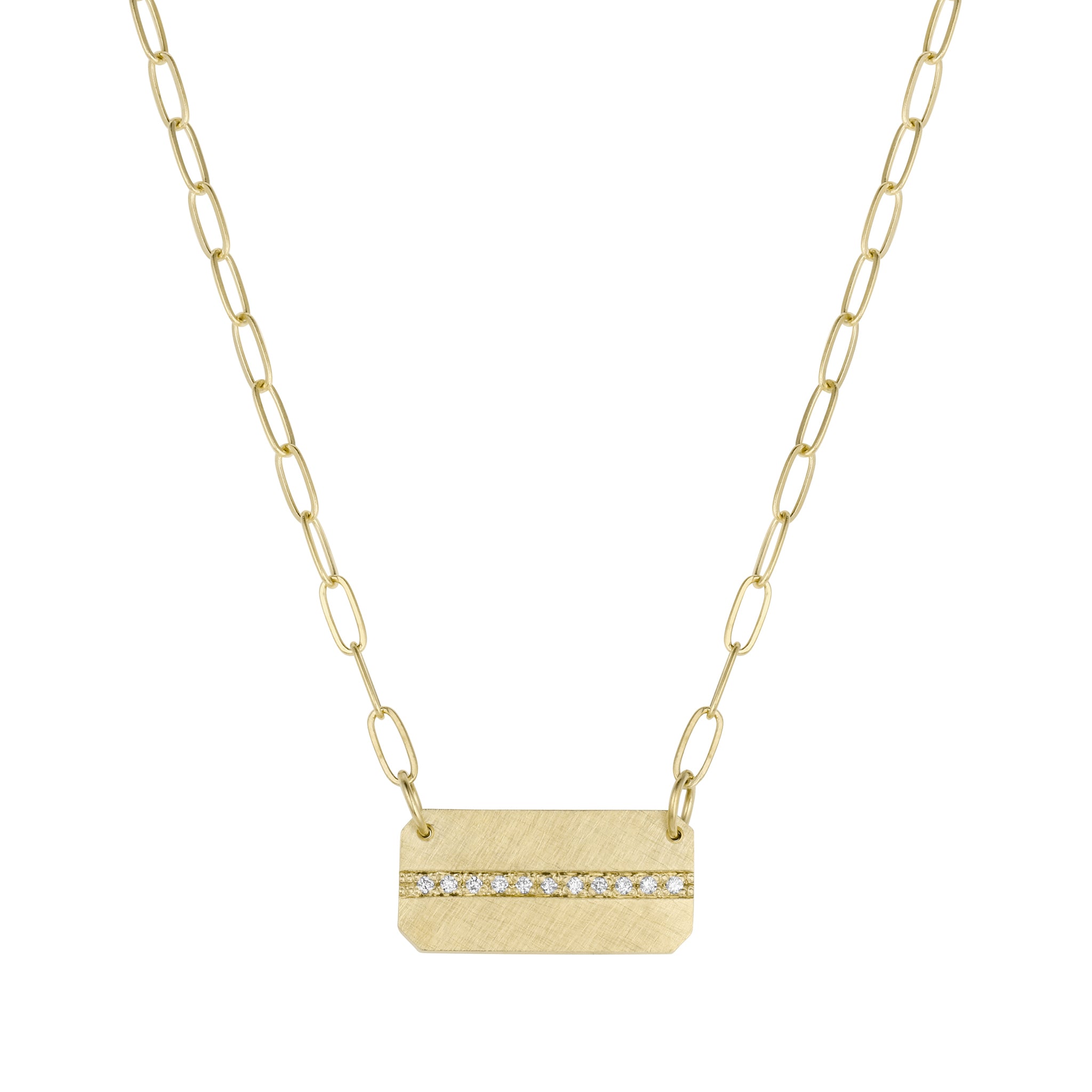 14k Yellow Gold necklace with a rectangular pendant with full cut round white diamonds on a paperclip chain on white background by Julez Bryant