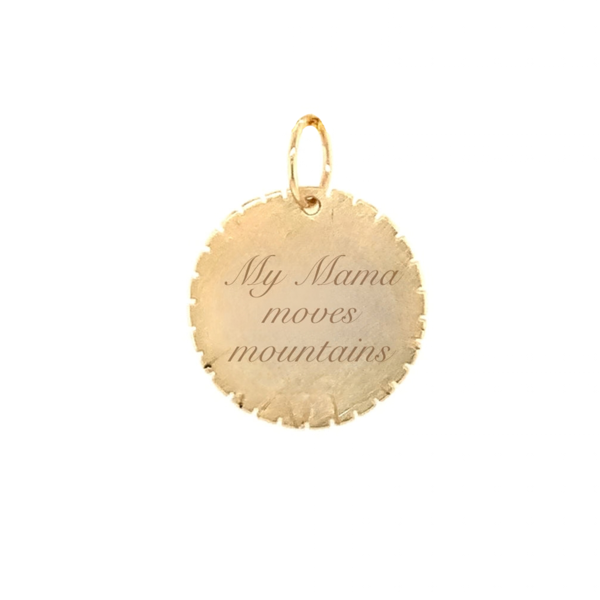 14k yellow gold round pendant with hand etched mountains and white diamond starbursts reverse side is engraved My Mama moves mountains on a white background