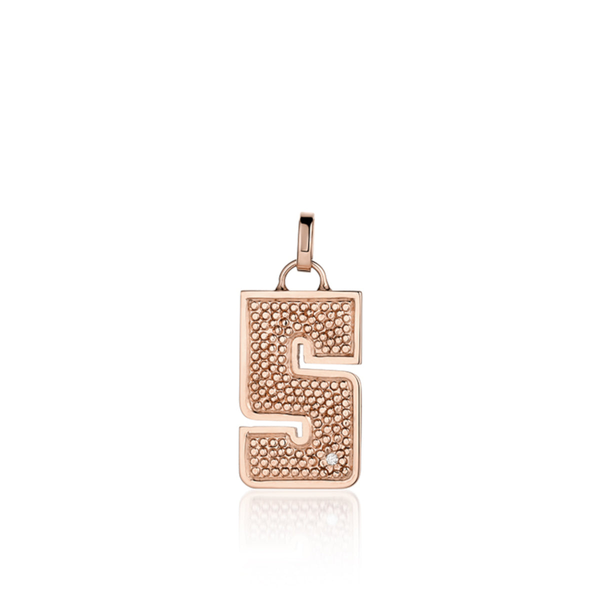 14k Rose Gold necklace with a pendant shaped like the number 5 features single white diamond accent with textured surface. Pendant Only shown on white background.