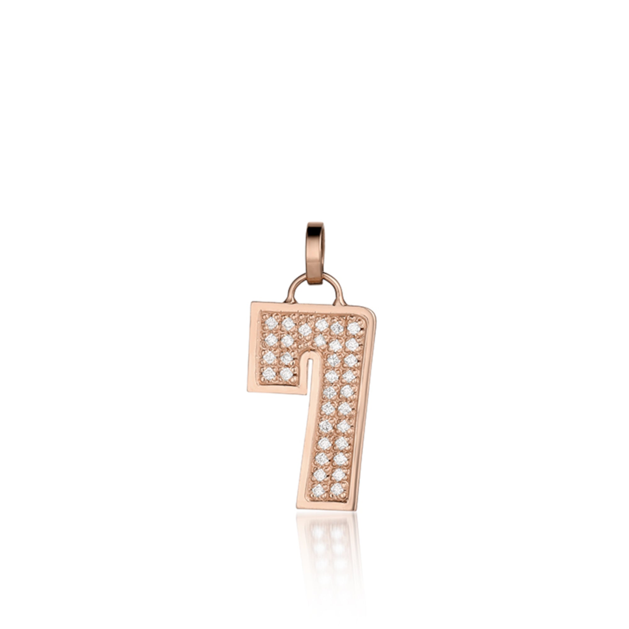 14k Rose Gold pendant shaped like the number '7' with embedded white diamonds on a white background