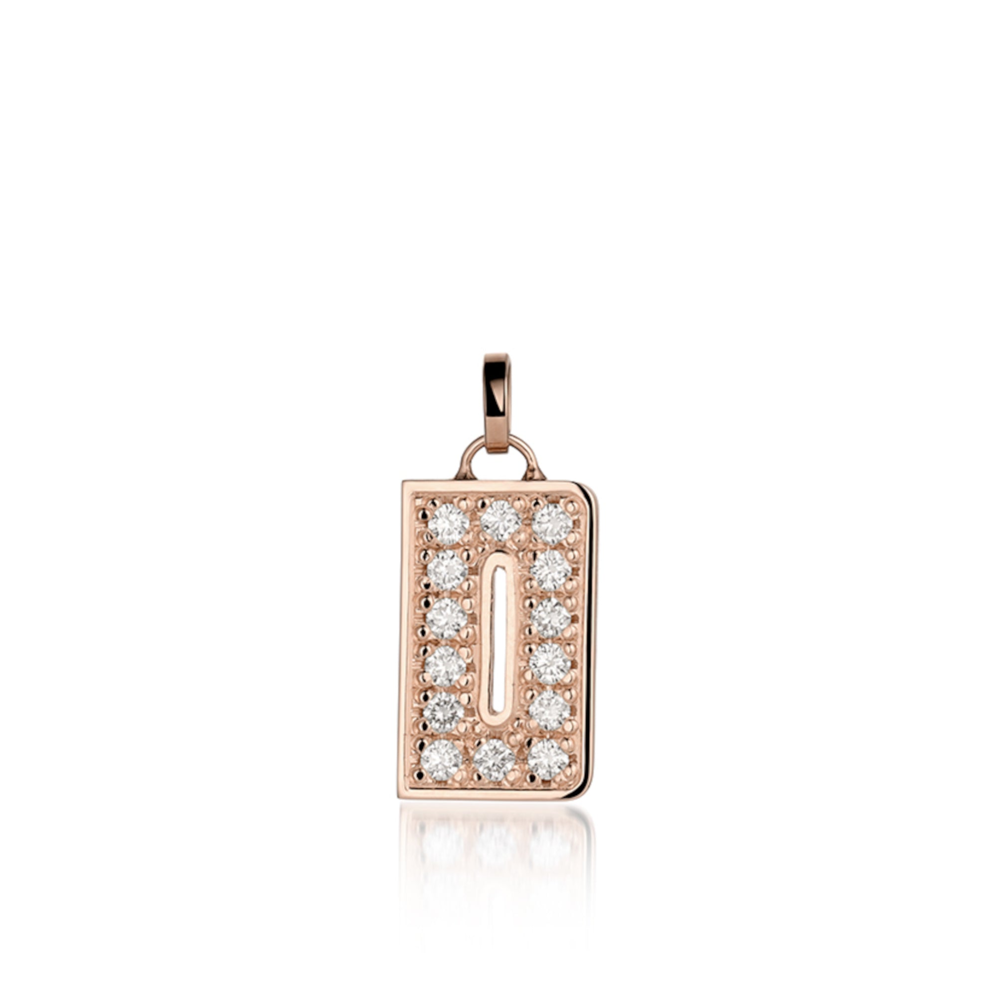 14k rose Gold diamond studded pendant shaped like the letter "D" Pendant shown on white background.