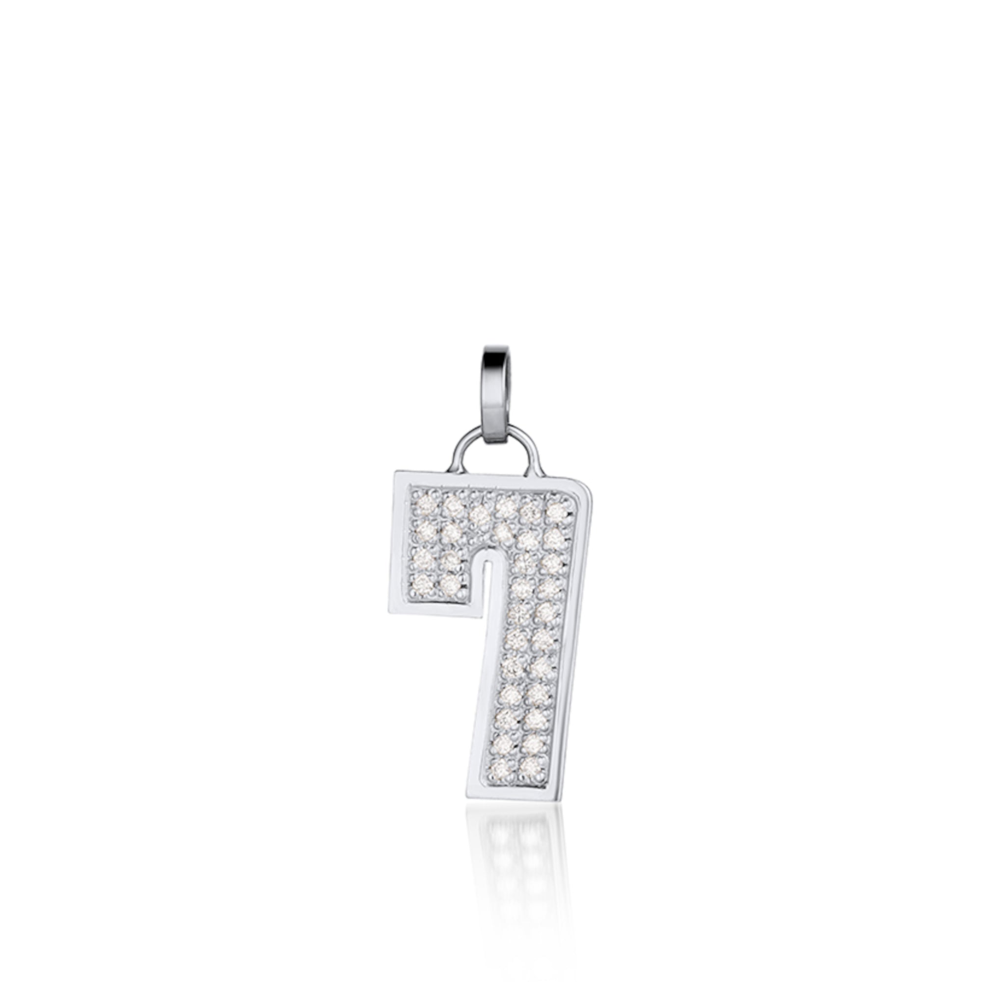 14k White Gold pendant shaped like the number '7' with embedded white diamonds on a white background