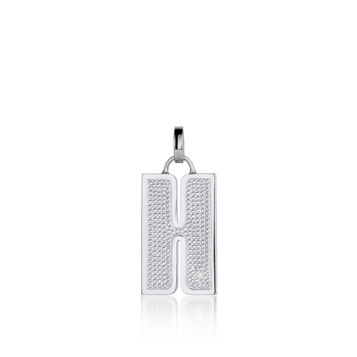 14k White Gold necklace with a pendant shaped like the letter 'H' Single white diamond accent with beaded texture. Shown pendant only on white background.