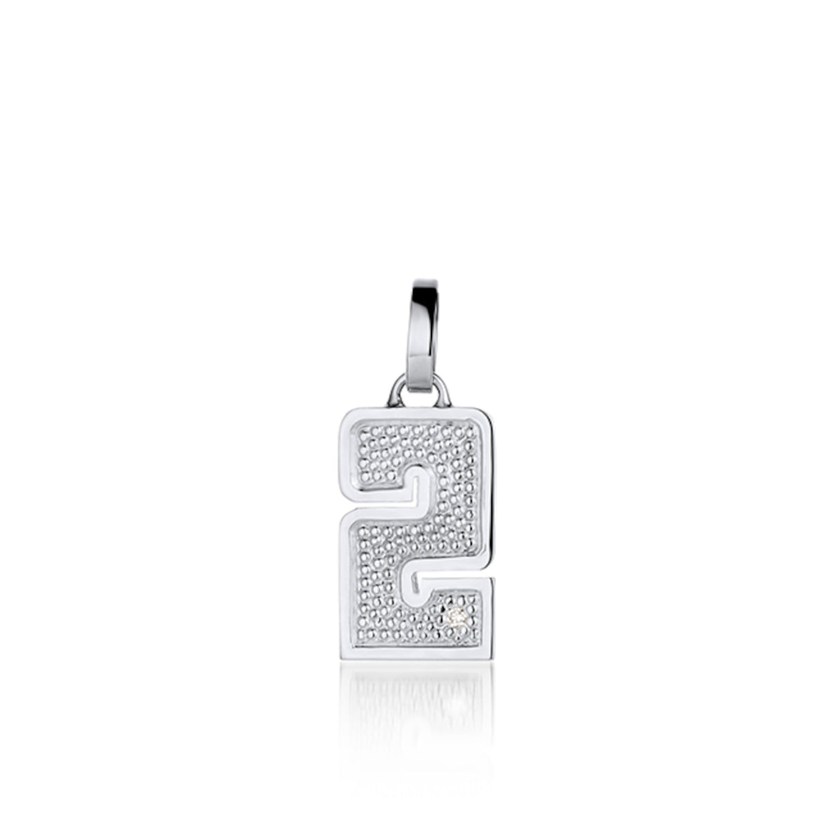 14k white Gold necklace with a pendant shaped like the number 2 features single white diamond accent with textured surface. Pendant Only shown on white background.