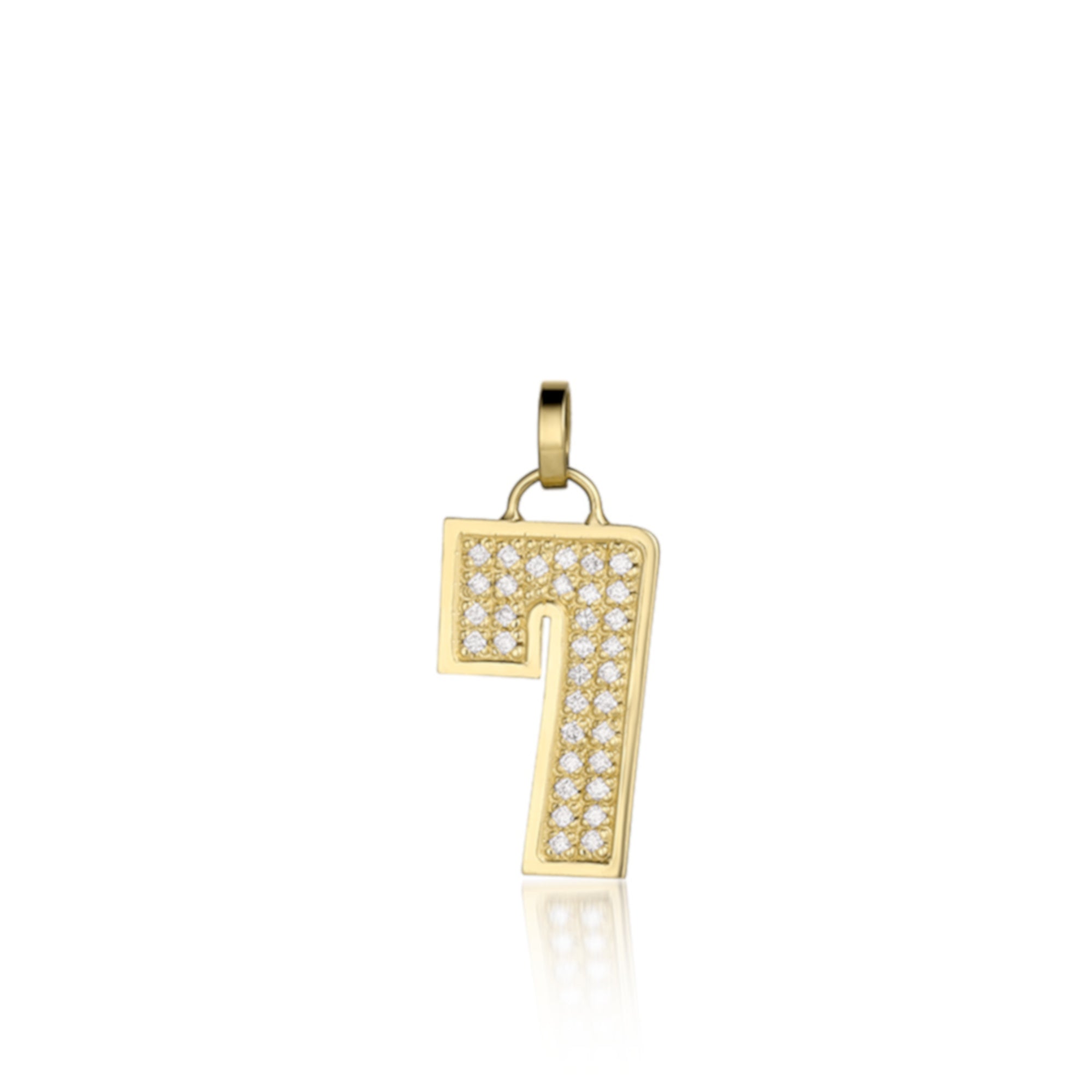 14k Gold pendant shaped like the number '7' with embedded white diamonds on a white background