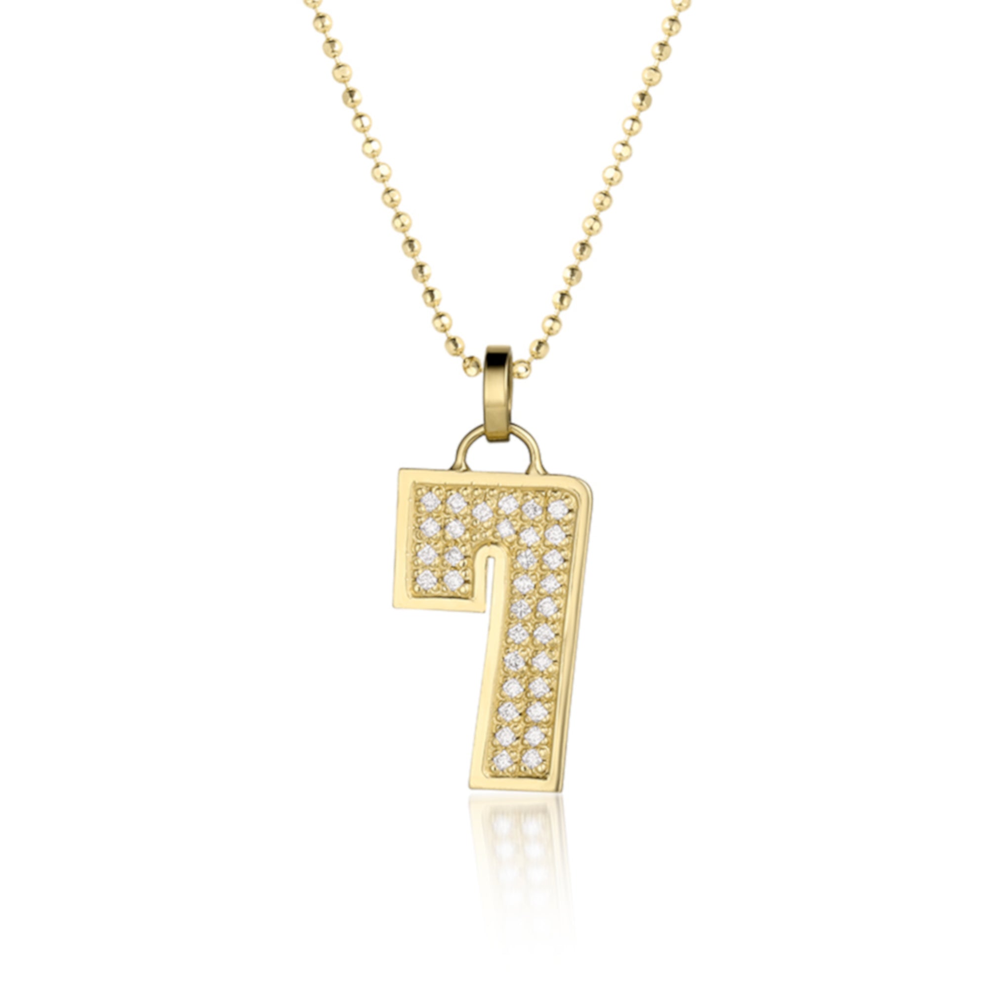 14k Gold necklace with a diamond-studded '7' pendant on a white background