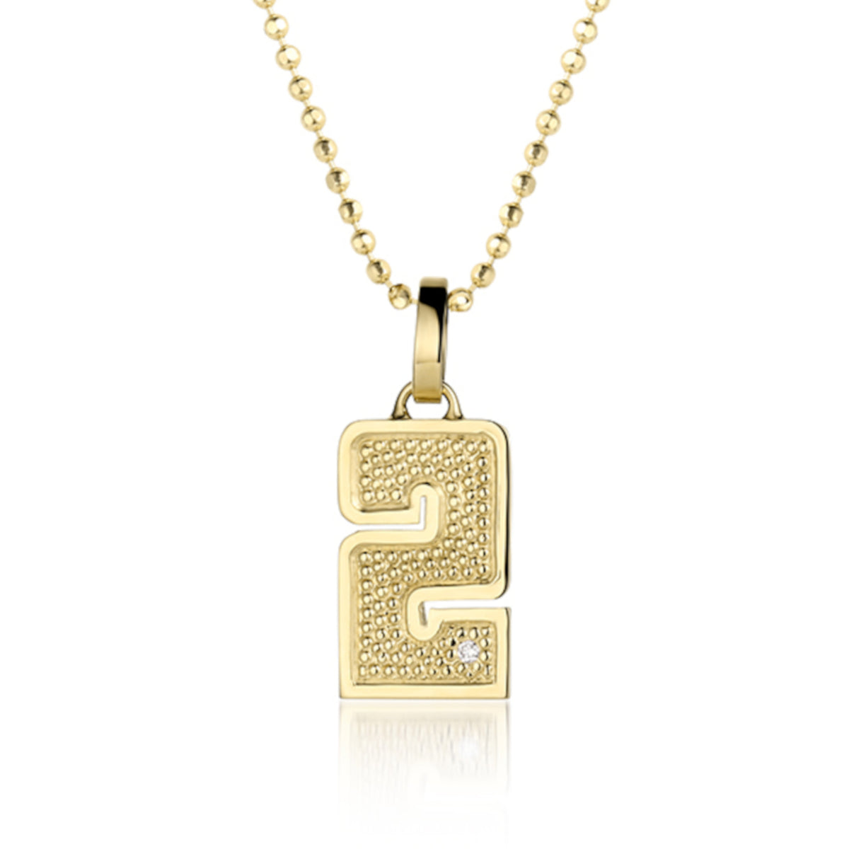 14k Gold necklace with a pendant shaped like the number 2 features single white diamond accent with textured surface.