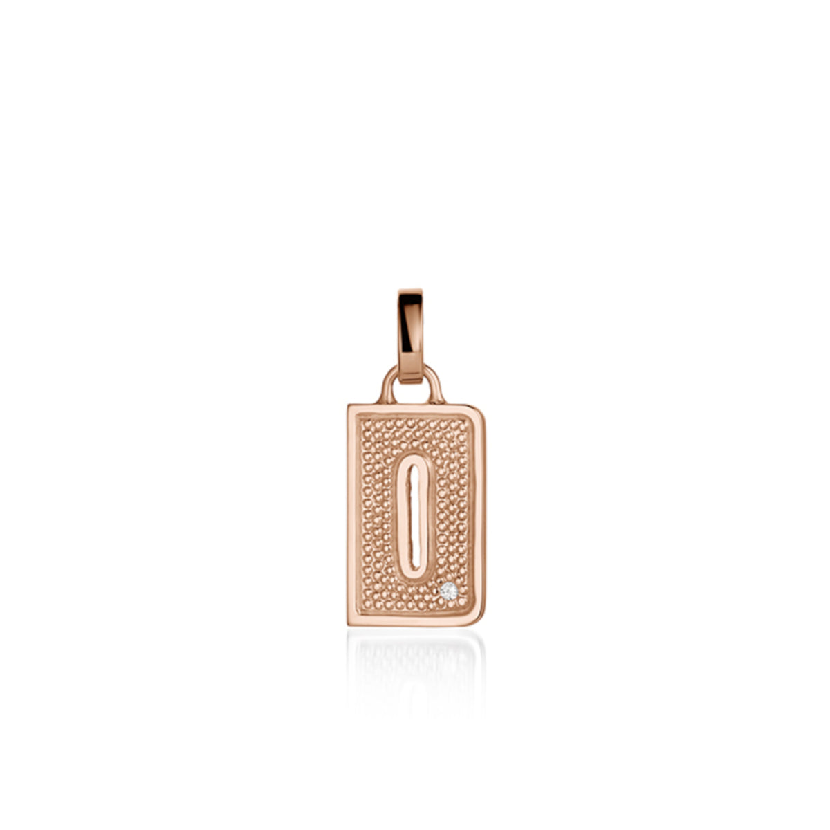 14k rose Gold pendant shaped like the letter "D" features single white diamond accent with textured surface. Pendant shown on white background.