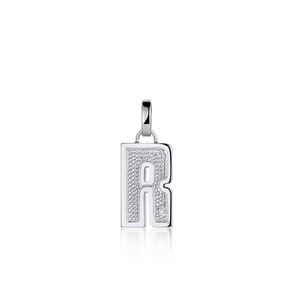 14k white Gold pendant shaped like the letter 'R' features single white diamond accent with textured surface. Pendant shown on white background.