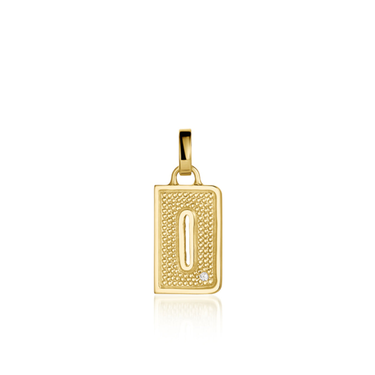 14k yellow Gold pendant shaped like the letter "D" features single white diamond accent with textured surface. Pendant shown on white background.