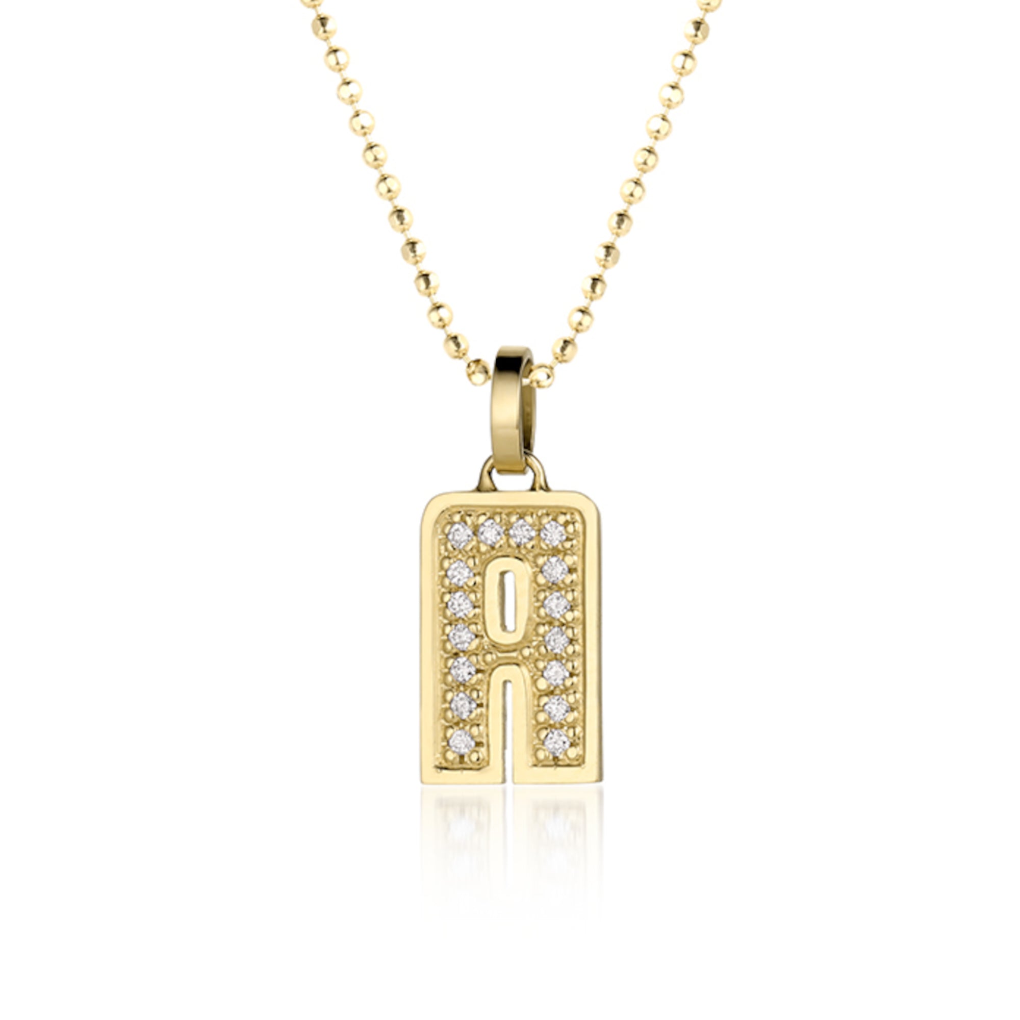 14k Gold necklace with a diamond-studded letter 'A' pendant on a white background. Shown pendant on diamond ball chain with a white background.