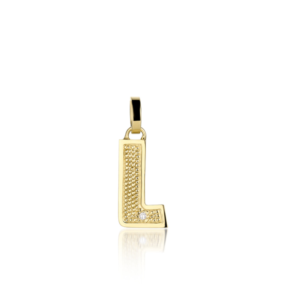 14k yellow Gold pendant shaped like the letter 'L' features single white diamond accent with textured surface. Pendant shown on white background.