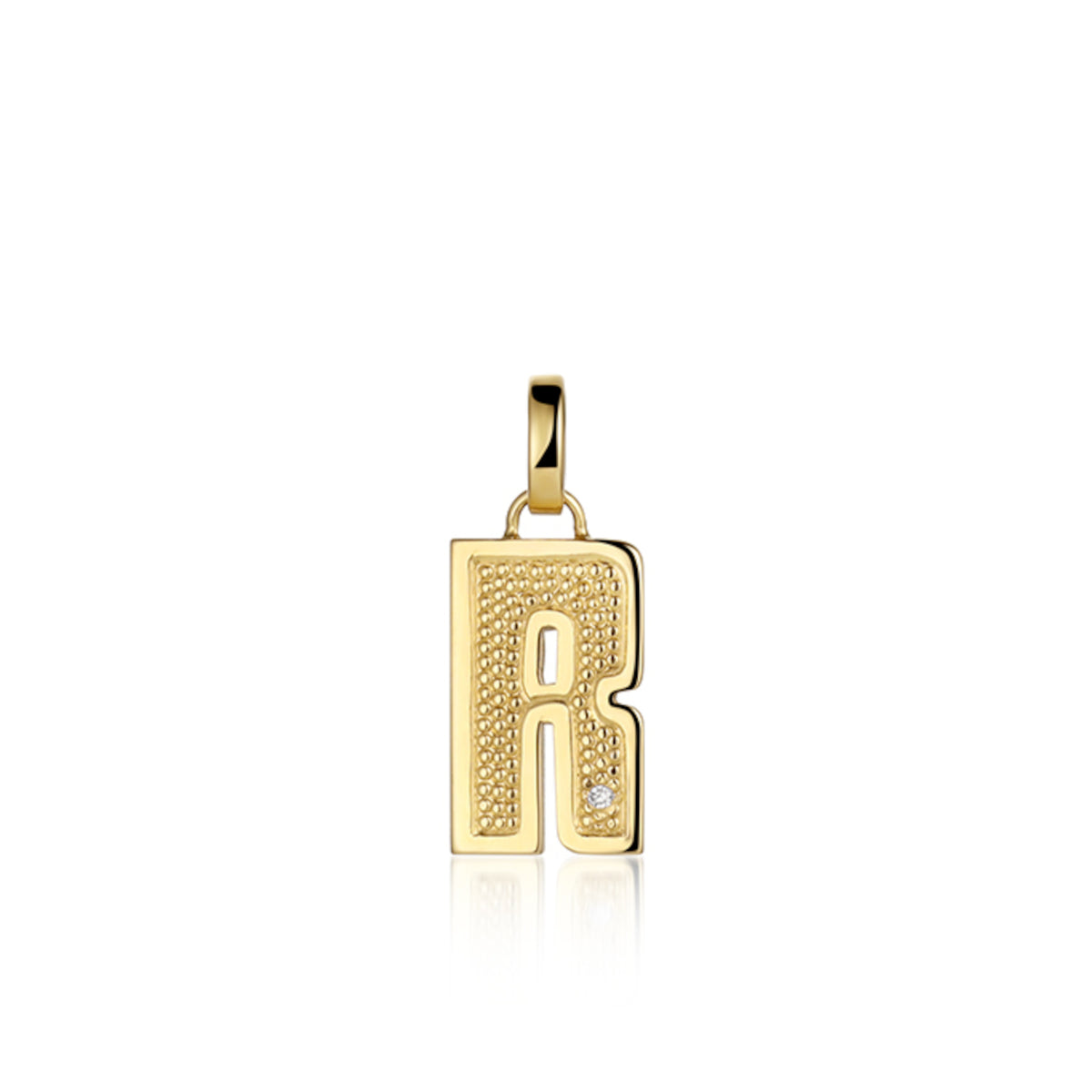 14k yellow Gold pendant shaped like the letter 'R' features single white diamond accent with textured surface. Pendant shown on white background.