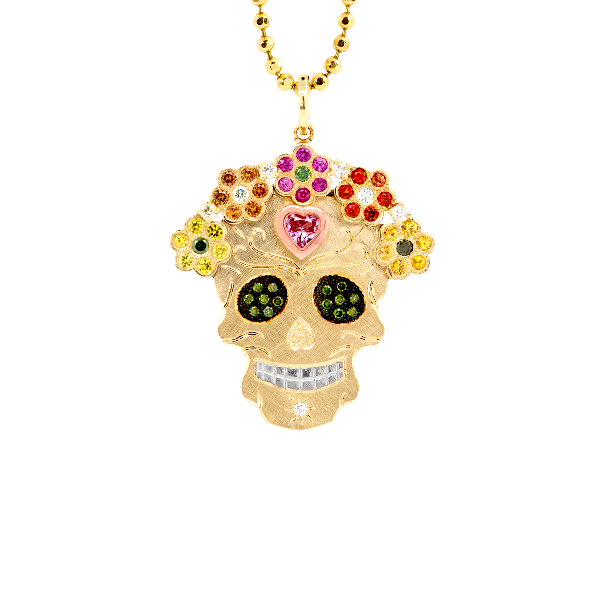 Colorful Julez Bryant original Ghostrider Collection Mi Amore gemstone encrusted sugar skull extra large pendant. 14k solid yellow gold mixed diamond sapphires and Tzavorite. Fine detail engraving highlights features. Crown of flower clustered jewels in mixed colors. Rhodium blackened eyes with green Tzavorite pave set gemstone eyes. Large pink sapphire bezel set on forehead with rose gold border. Shown on 2.0mm ball chain.