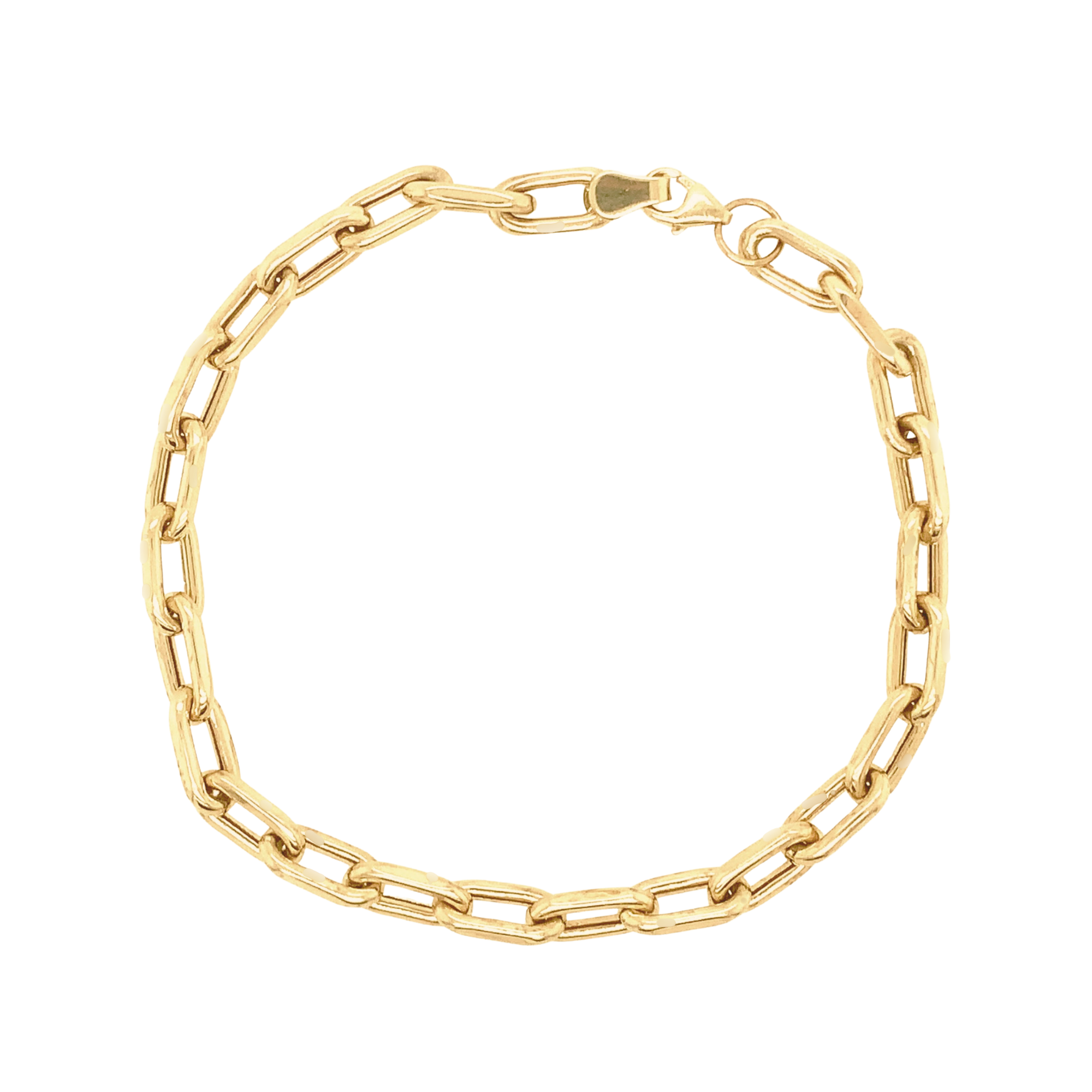 14k yellow gold 5.2mm mica thick paperclip link bracelet on white background