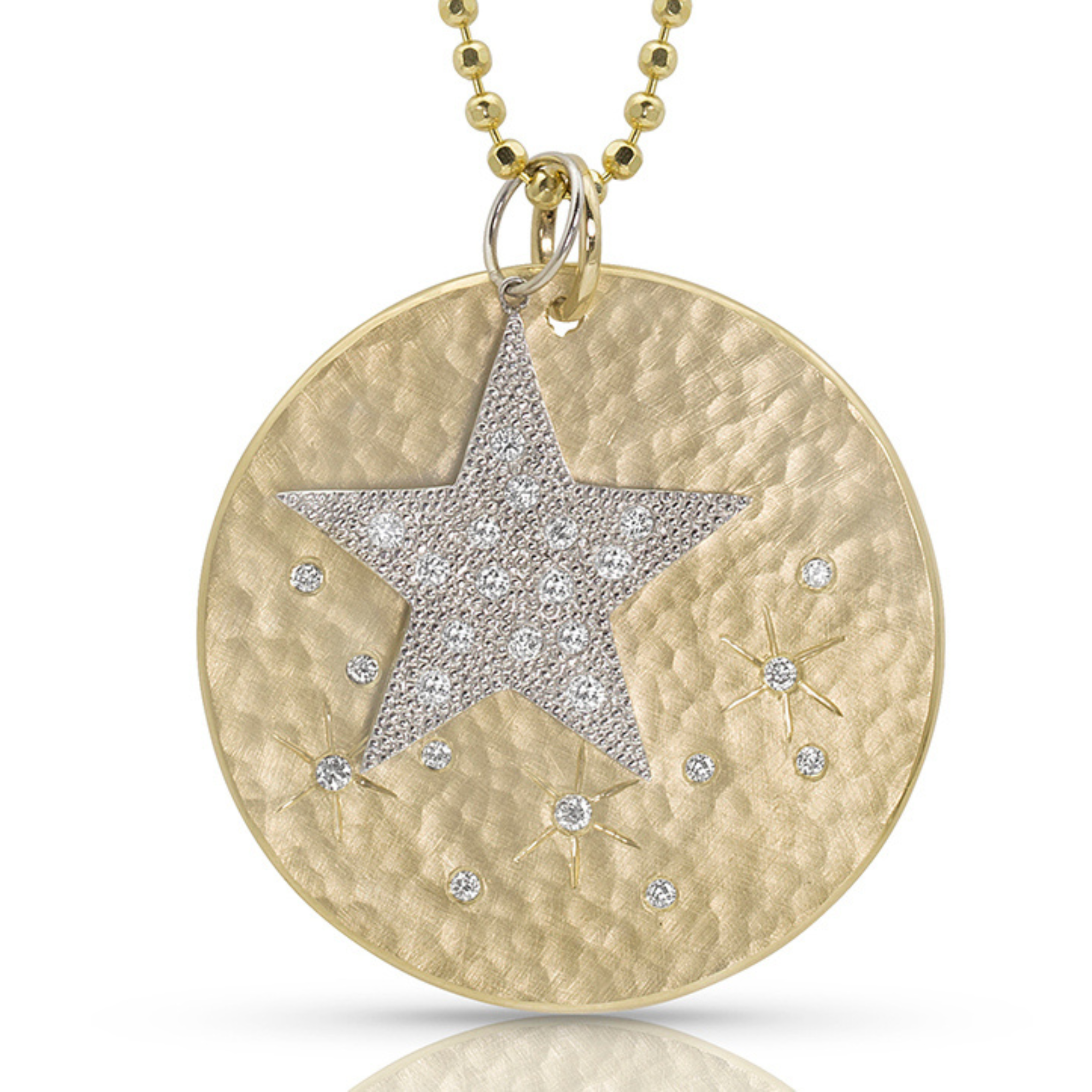 14k yellow gold disk and white gold star pendants with white diamonds hammer and beaded textures on diamond cut ball chain shown on white background