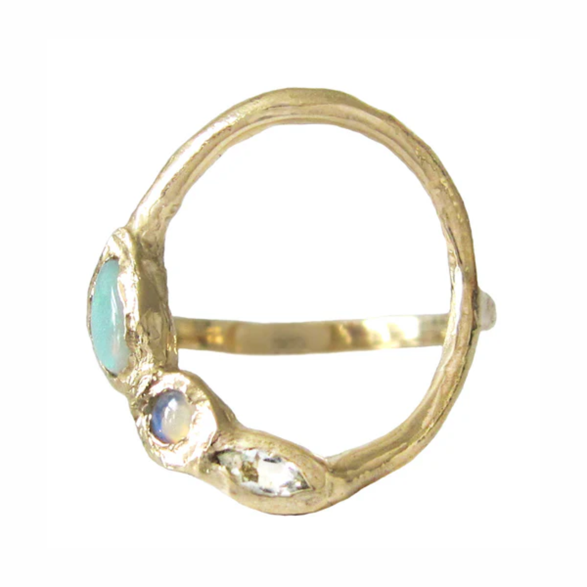 14k yellow gold open circle ring with opal and aquamarine on white background