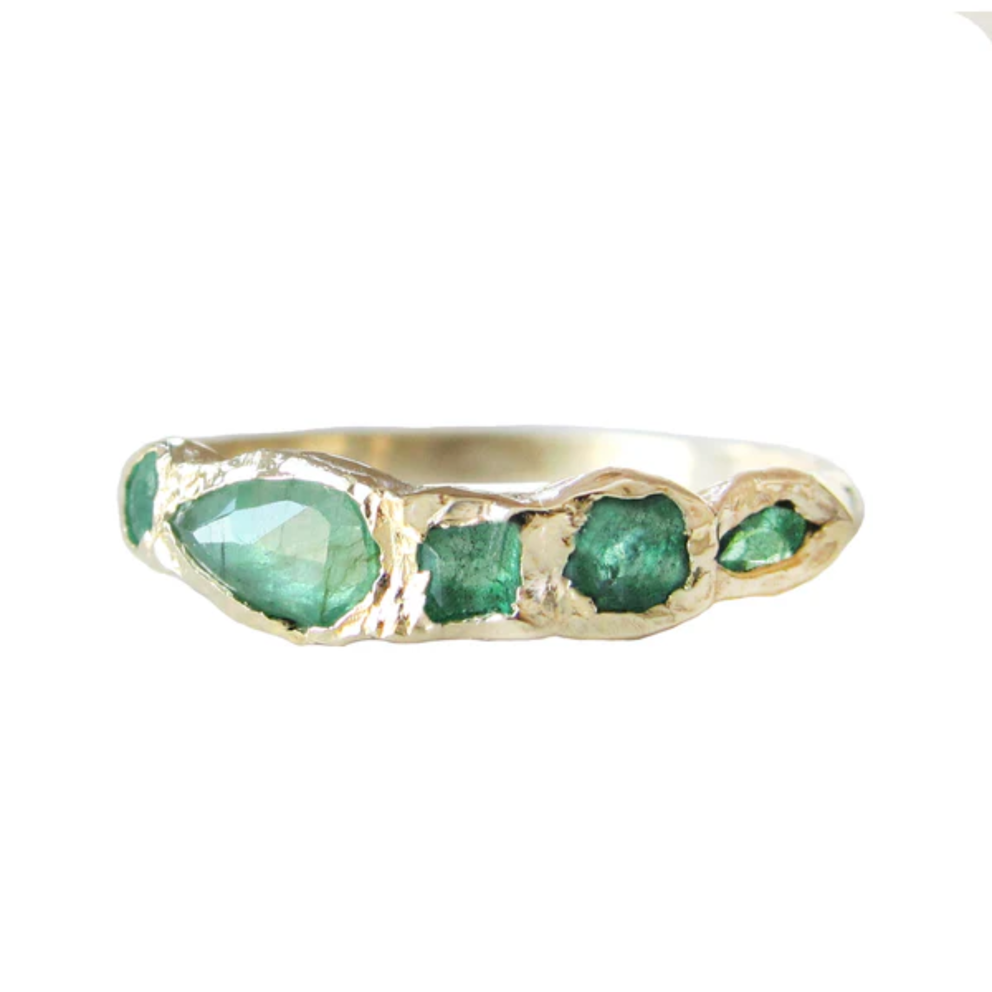 14k yellow gold emerald ring on white background