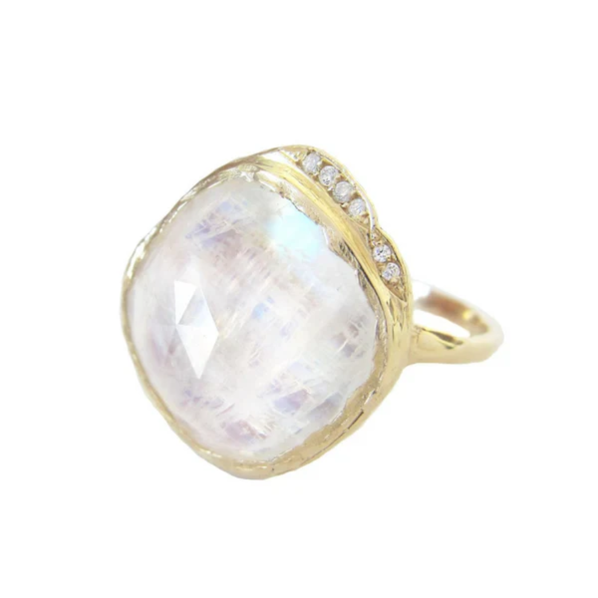14k yellow gold moonstone cove ring with hand sculpted gold and pave set white diamonds on white background