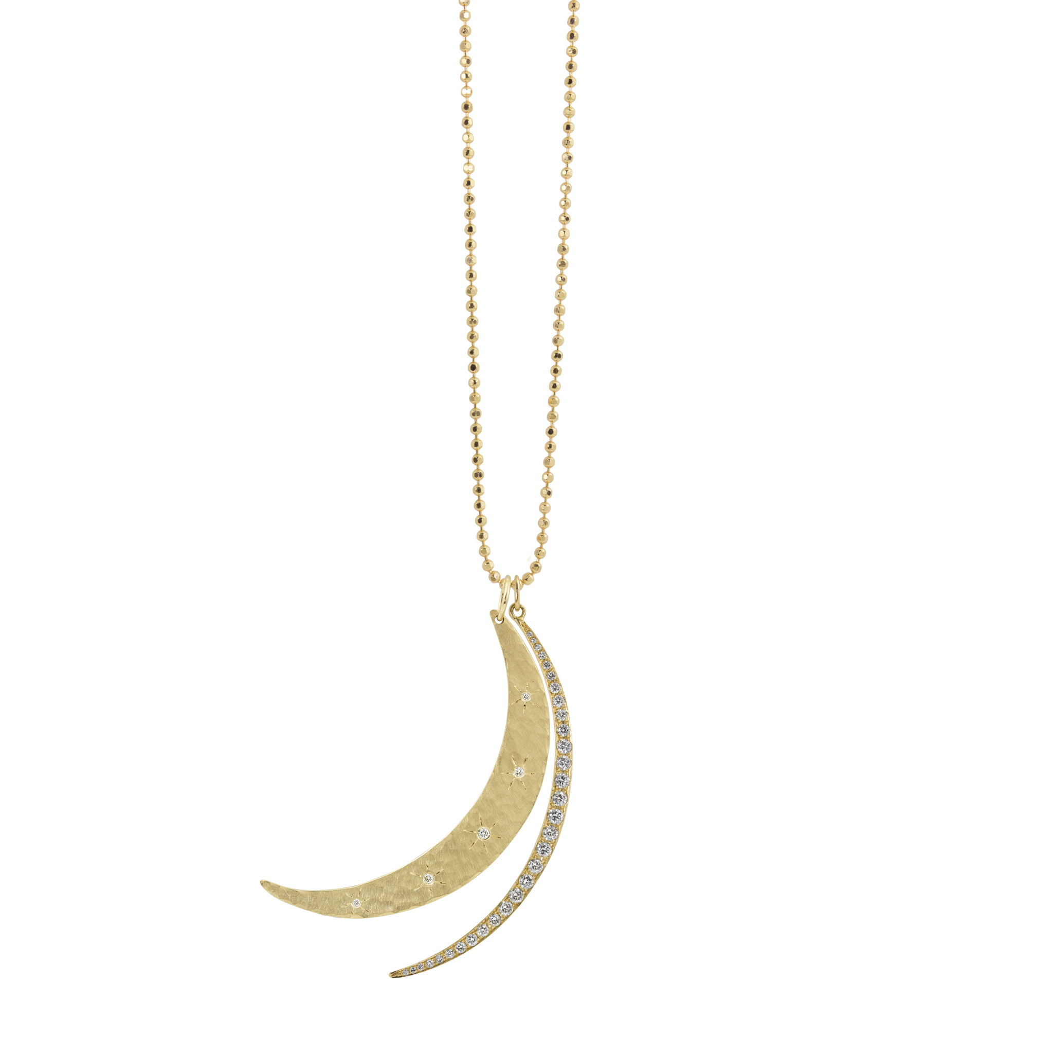 Layered moon motif 14k yellow gold curved crescent moon pendants with white diamonds on diamond ball chain shown on a white background