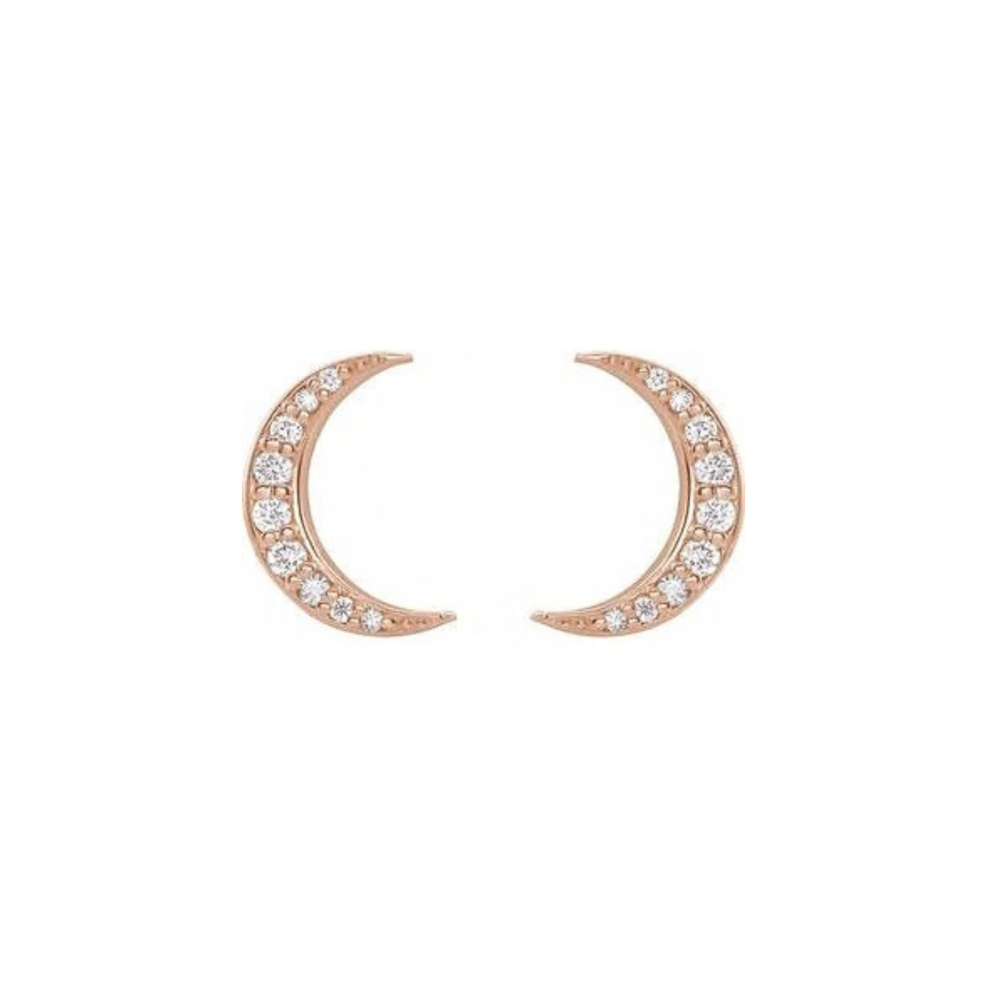 14k rose gold moon earrings with pave set white diamonds on white background
