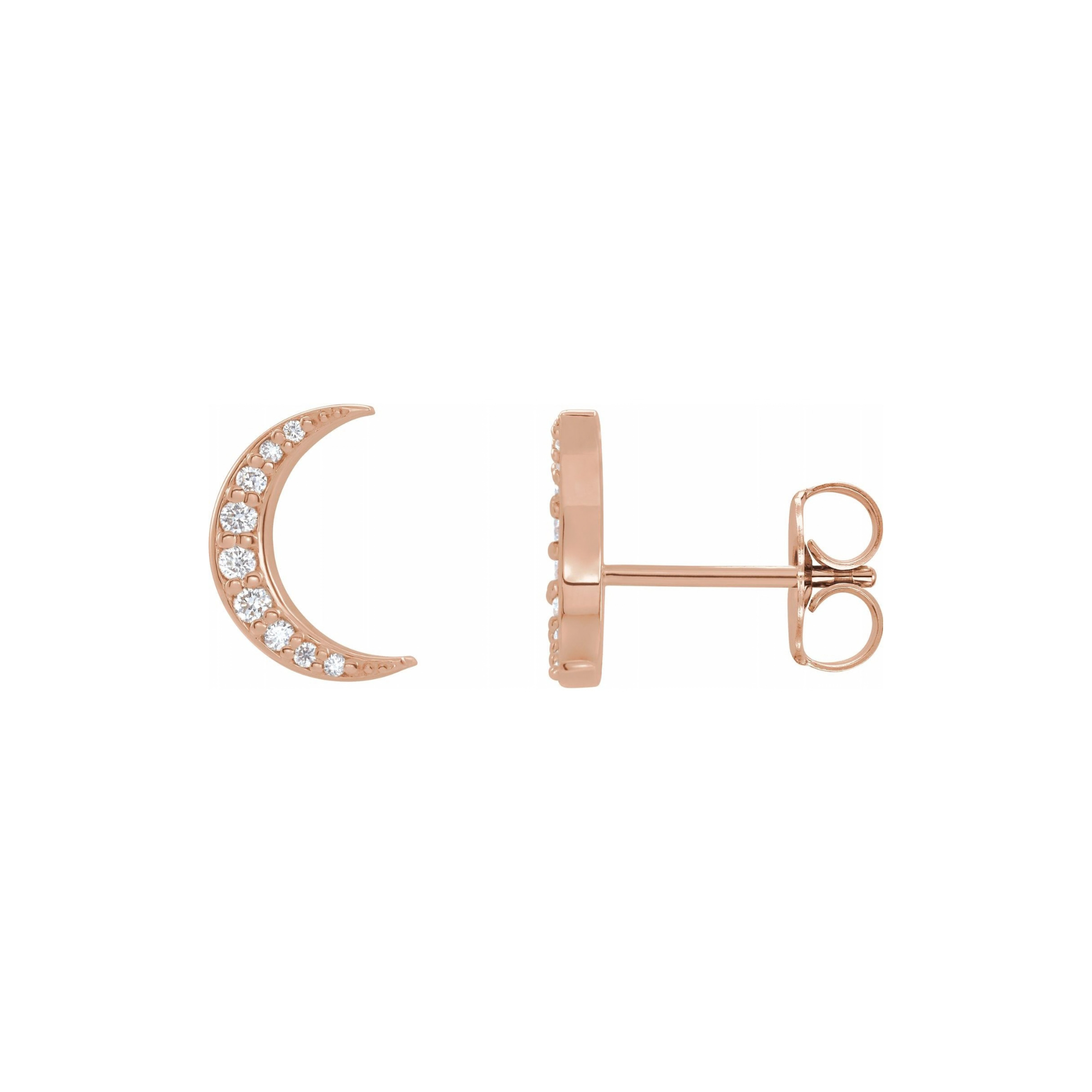 14k rose gold moon earrings with pave set white diamonds on white background side view
