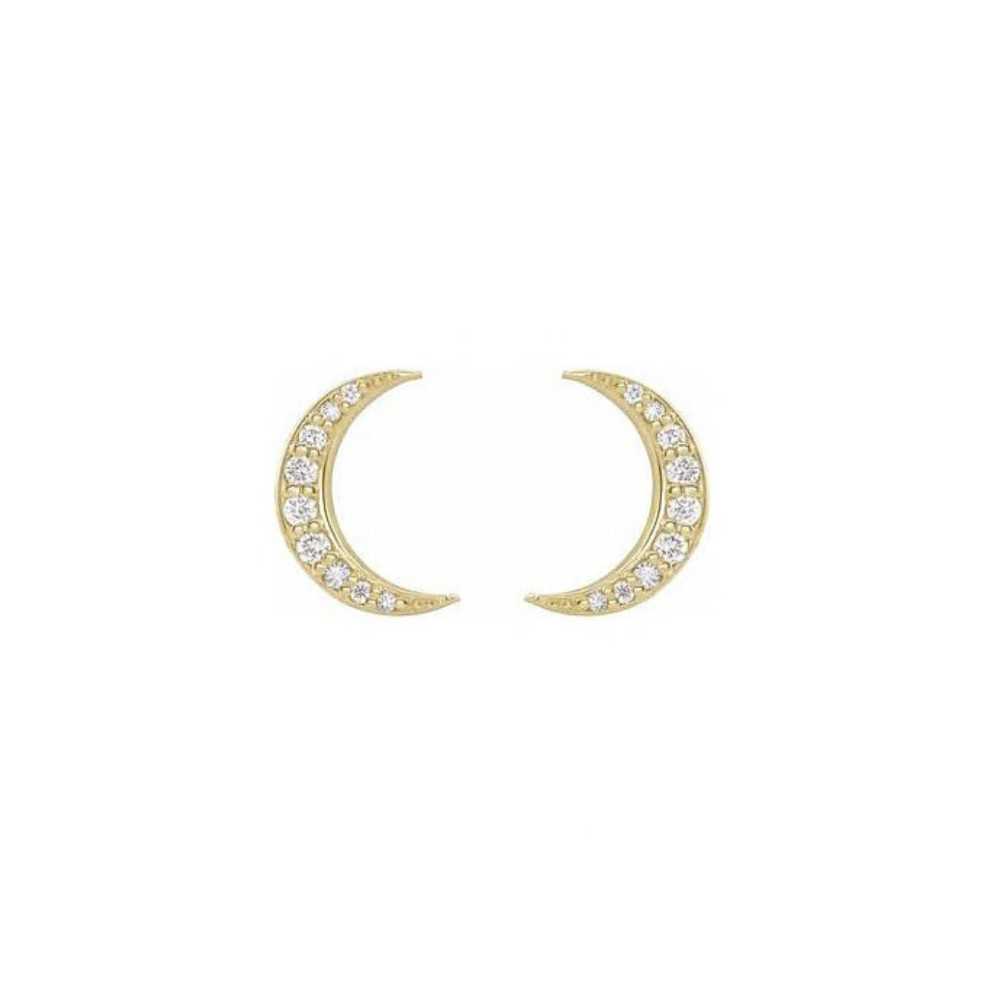 14k yellow gold moon earrings with pave set white diamonds on white background
