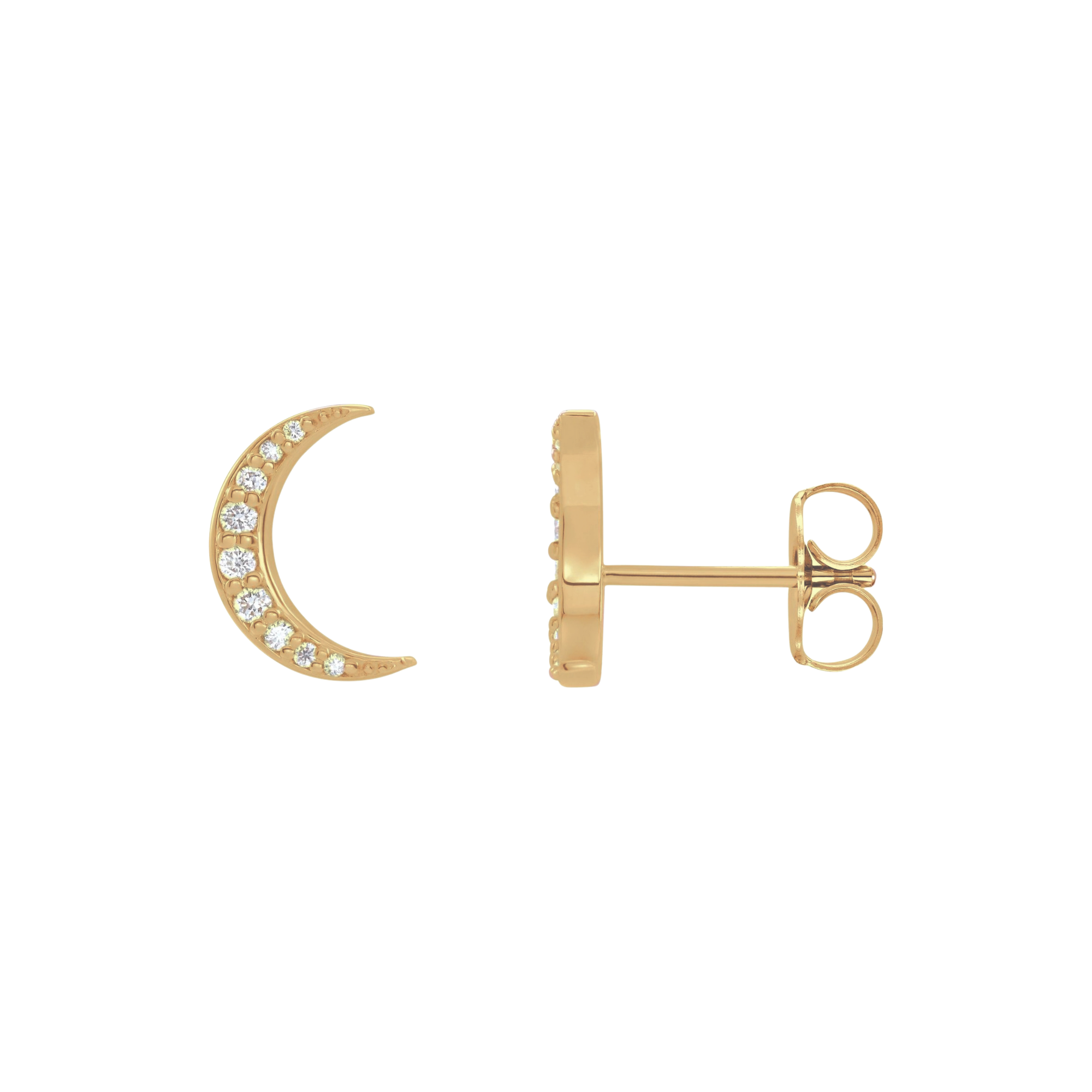 14k yellow gold moon earrings with pave set white diamonds on white background side view