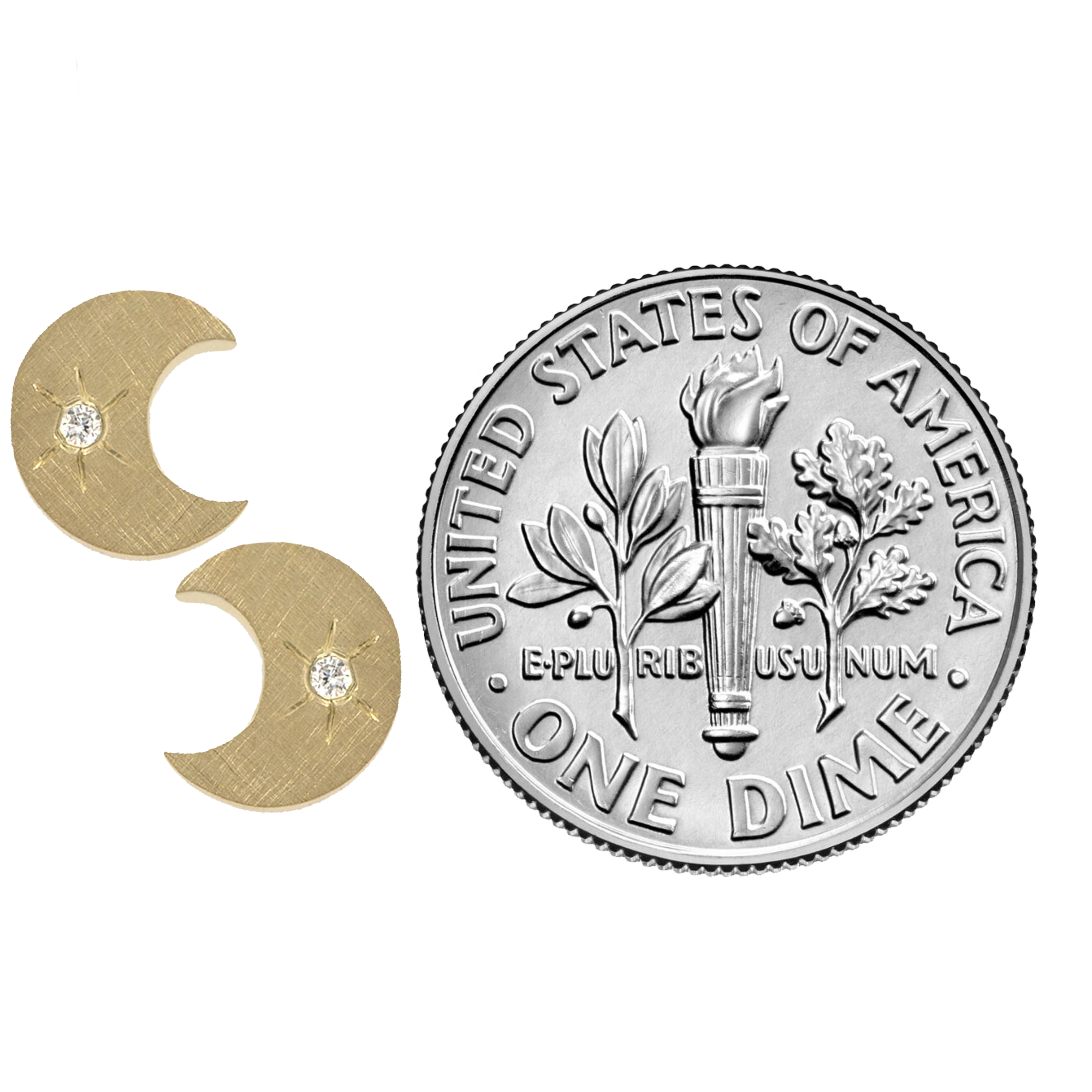 14k yellow gold teeny tiny moon earring with hand etched starburst with white diamonds on white background with size indicator