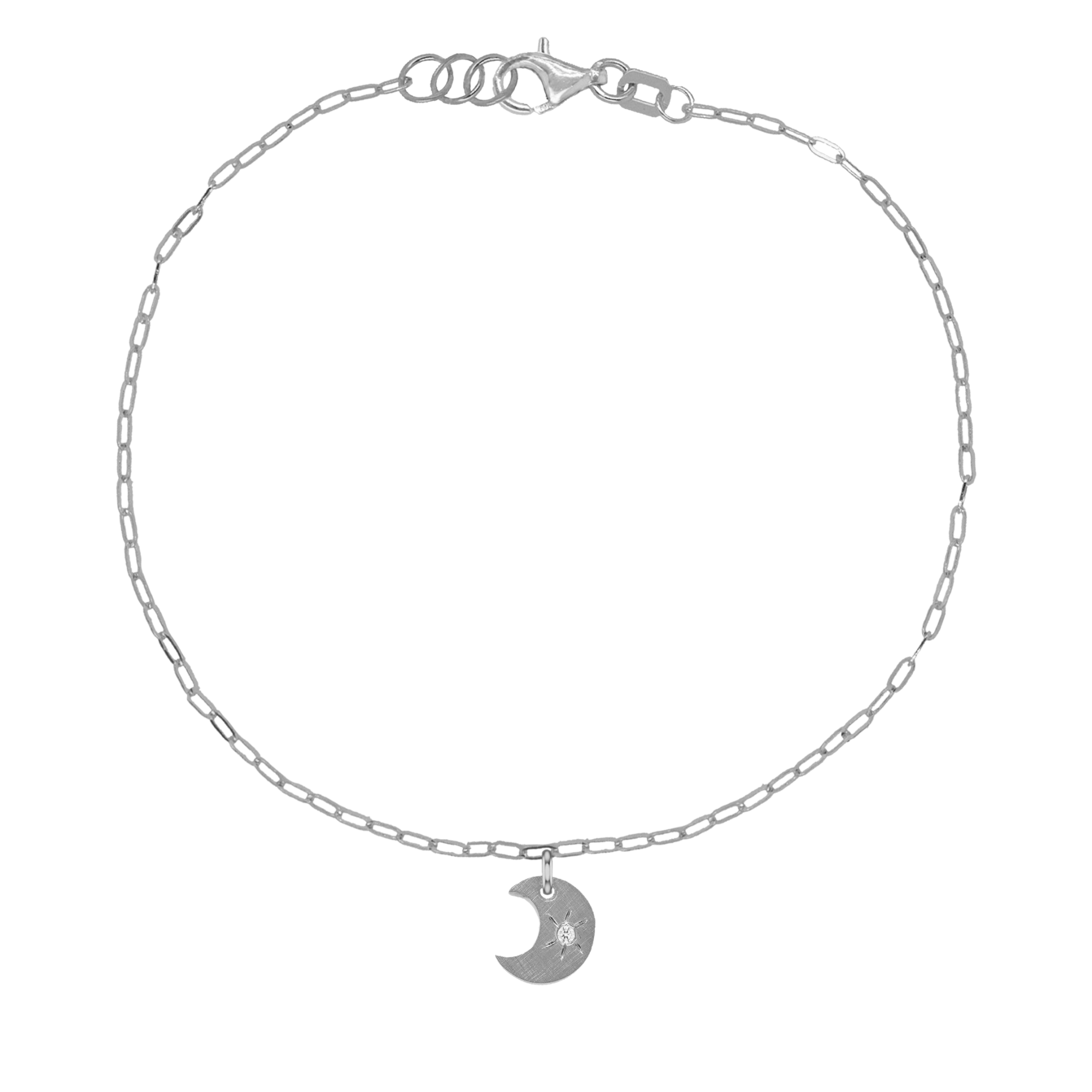 14k white gold teeny tiny white diamond moon charm with hand etched starburst on paperclip link chain on white background